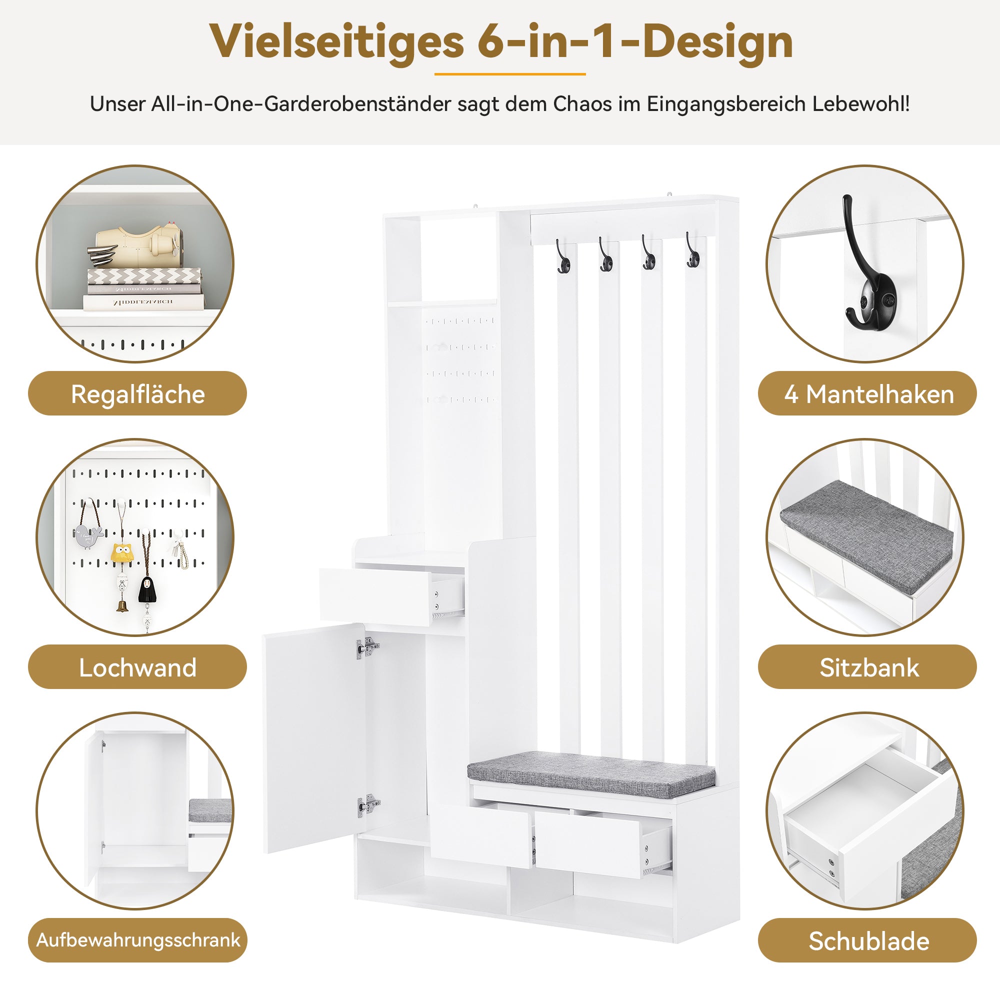 Hallway coat rack with padded storage bench and pegboard, with 4 hooks, white