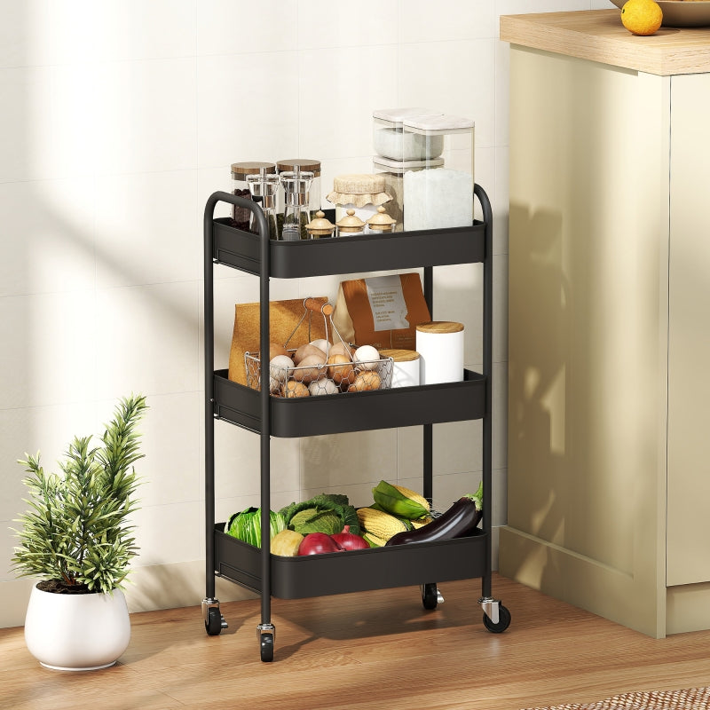 Three-Tier Storage Trolley, Steel, Black