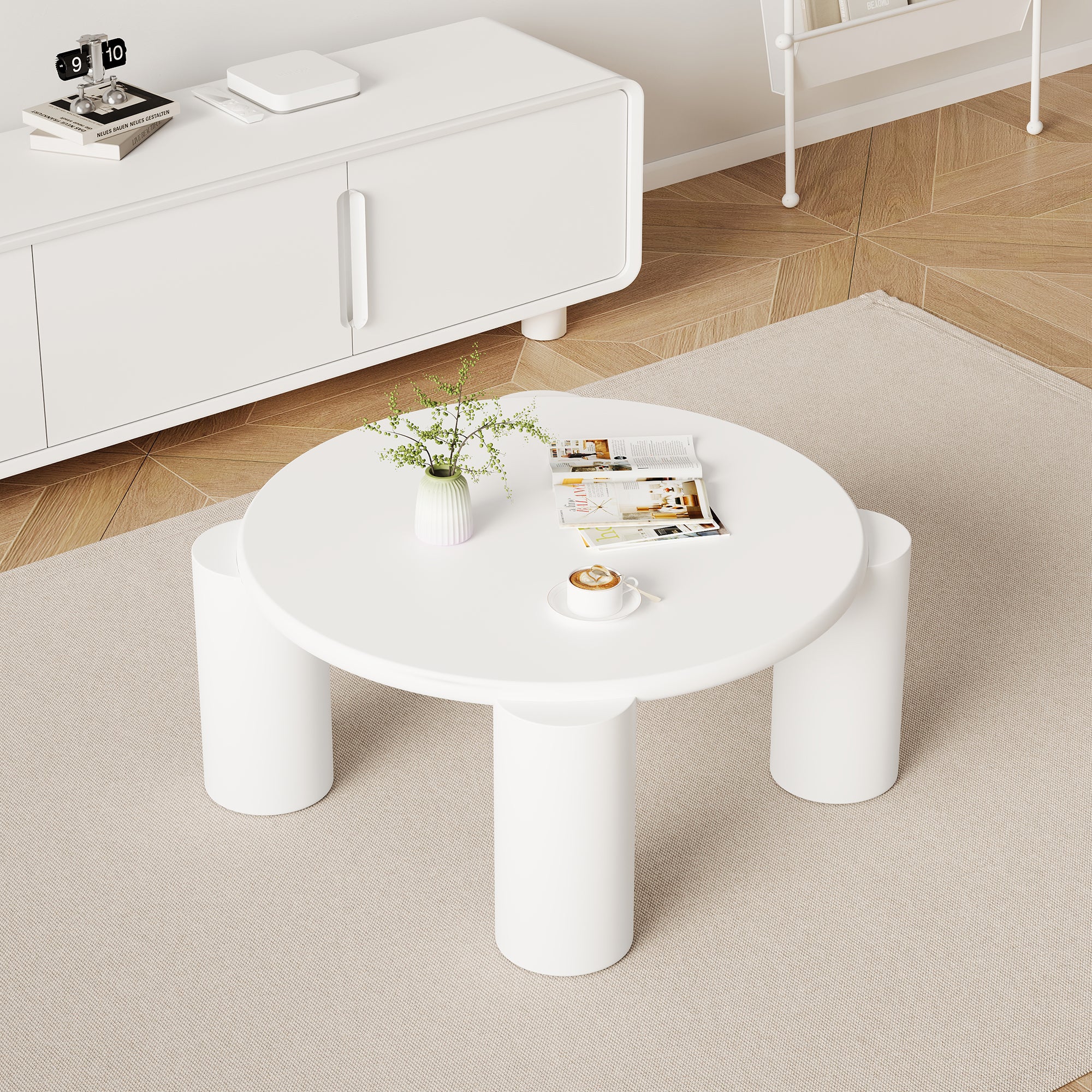 White Cloud Coffee Table, Modern Round Edge with 4 Sturdy Support Legs, Small, White