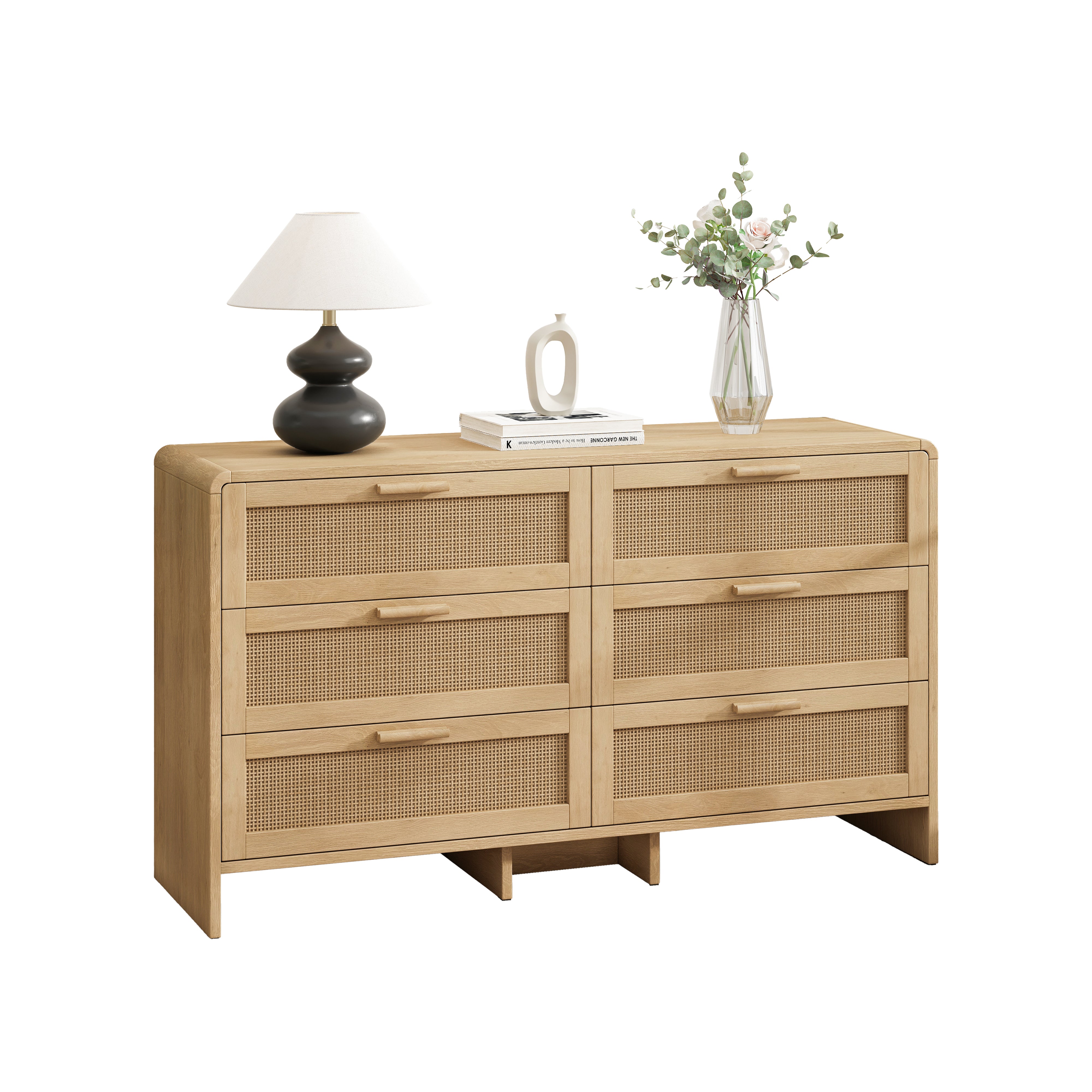 Arc Shaped Corner Cabinet, 6-Drawers Rattan Storage, Natural