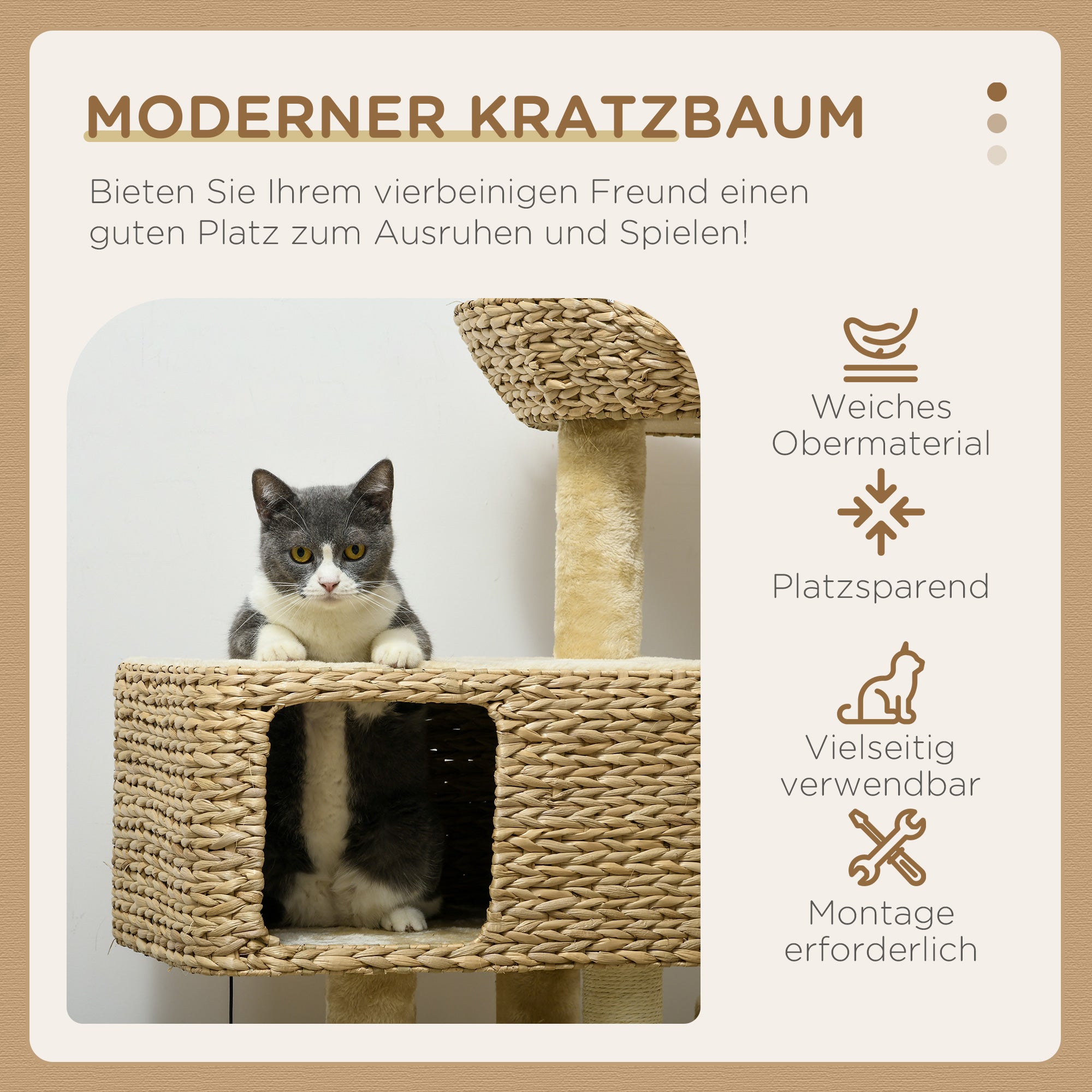 Cat Scratching Post, 98cm 2 Resting Areas Play Ball, Sisal Beige