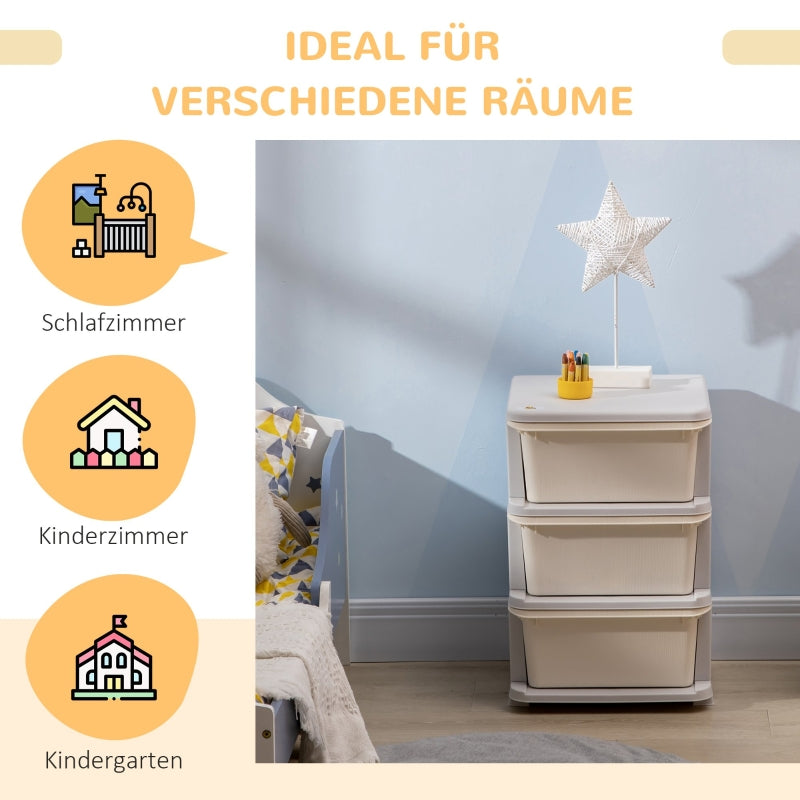 Children's Storage Boxes, 3 Large Drawers, Cream White Plastic