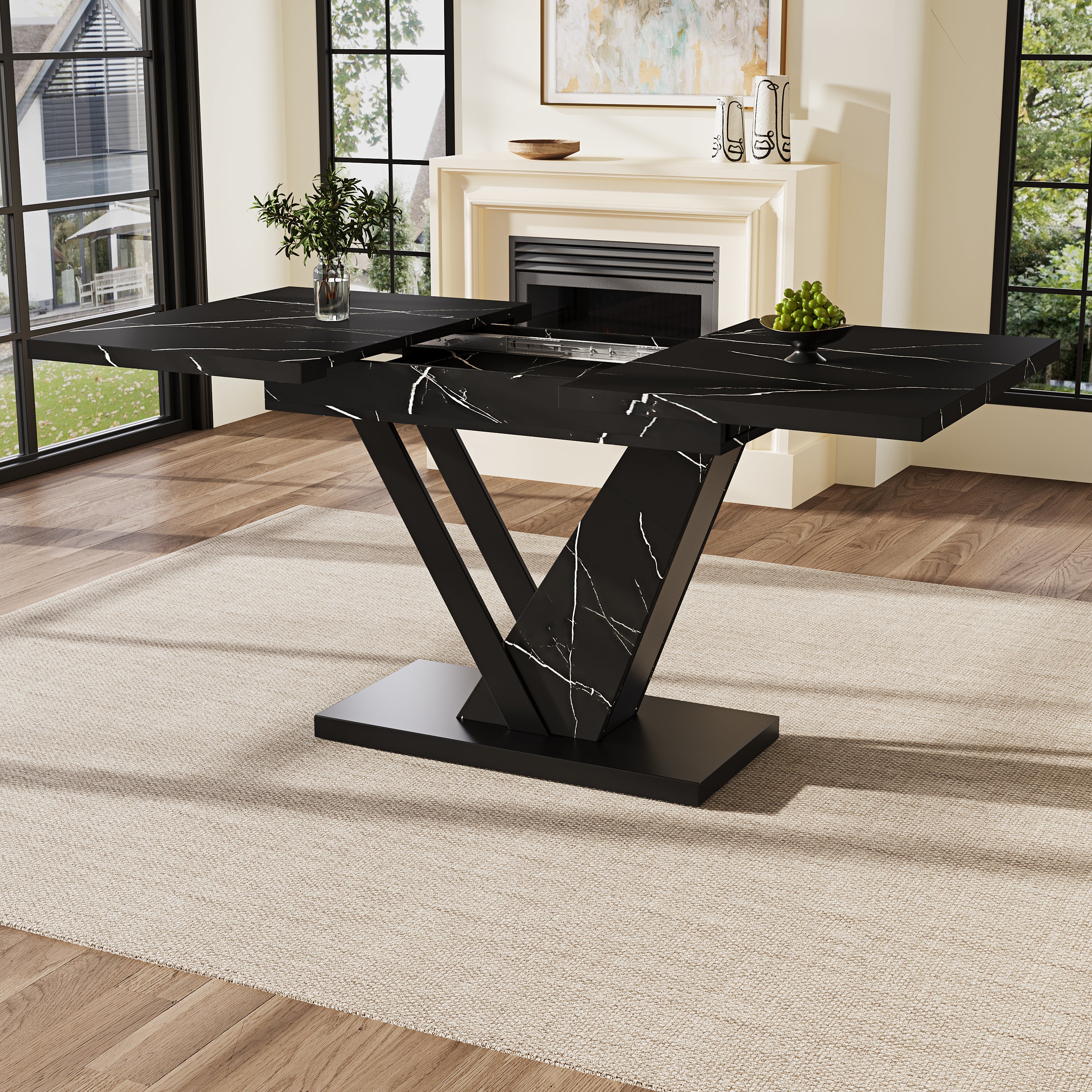 Telescopic Dining Table Extendable 120-160cm Marble Pattern - Black
