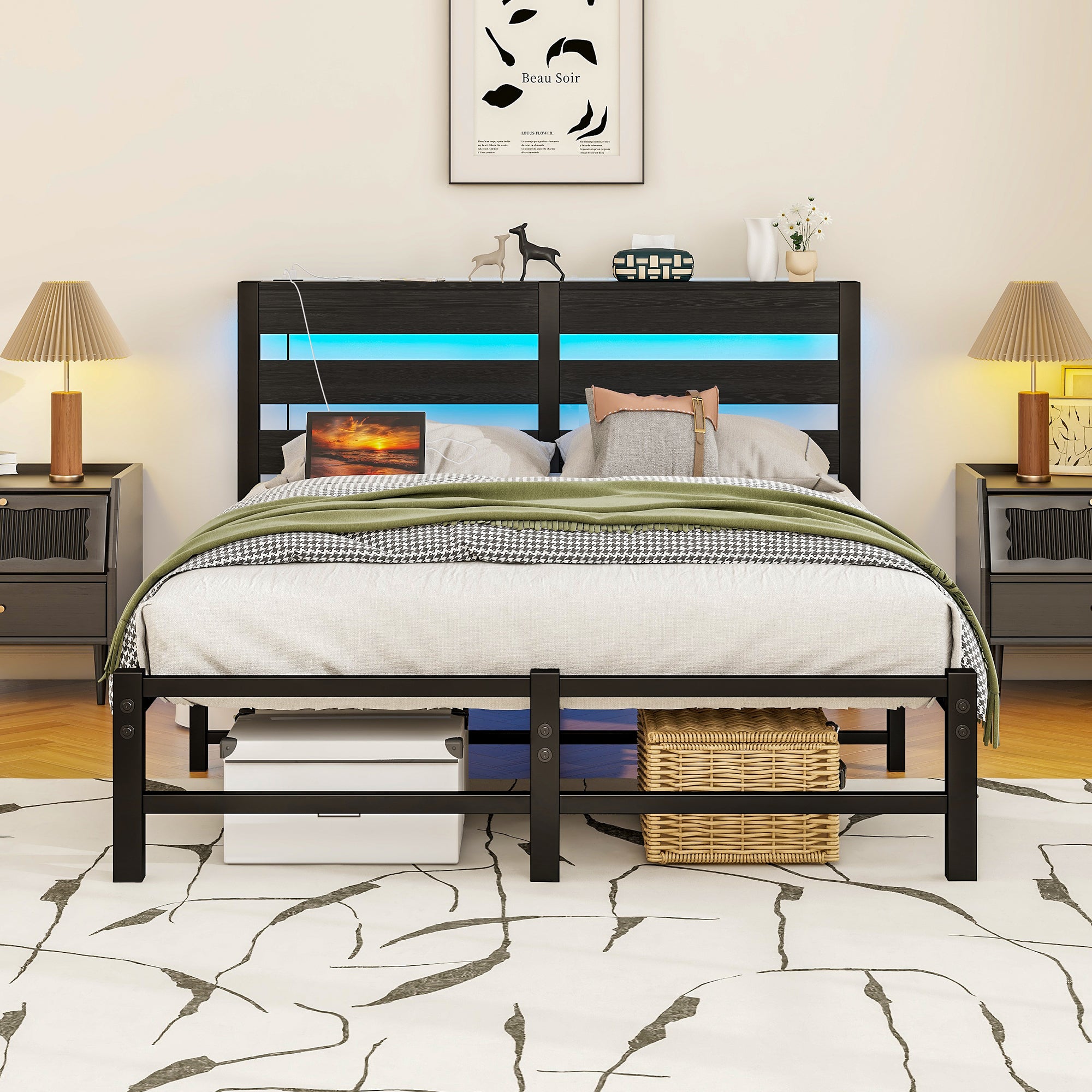 Metal Bed 120x200 LED USB Charging Under-Bed Storage - Metal