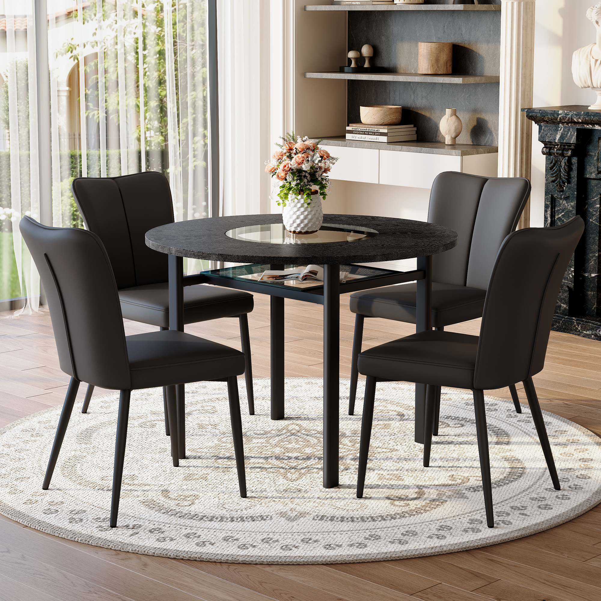 Modern Minimalist Round Table Set, 4 Armchairs, 100cm Diameter, Black PU and Wood Look