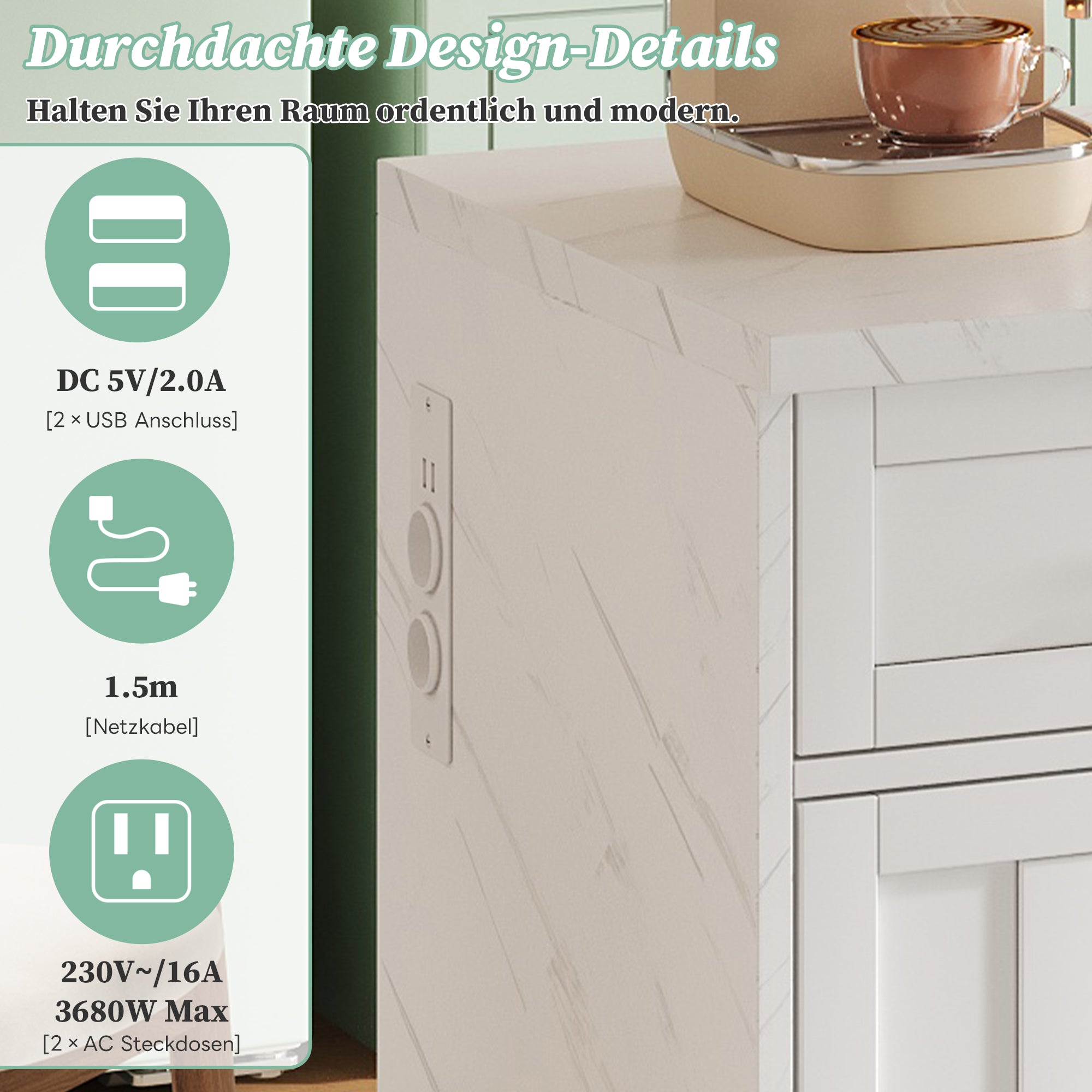 Kitchen Island with Power Outlets USB Adjustable Shelves, White