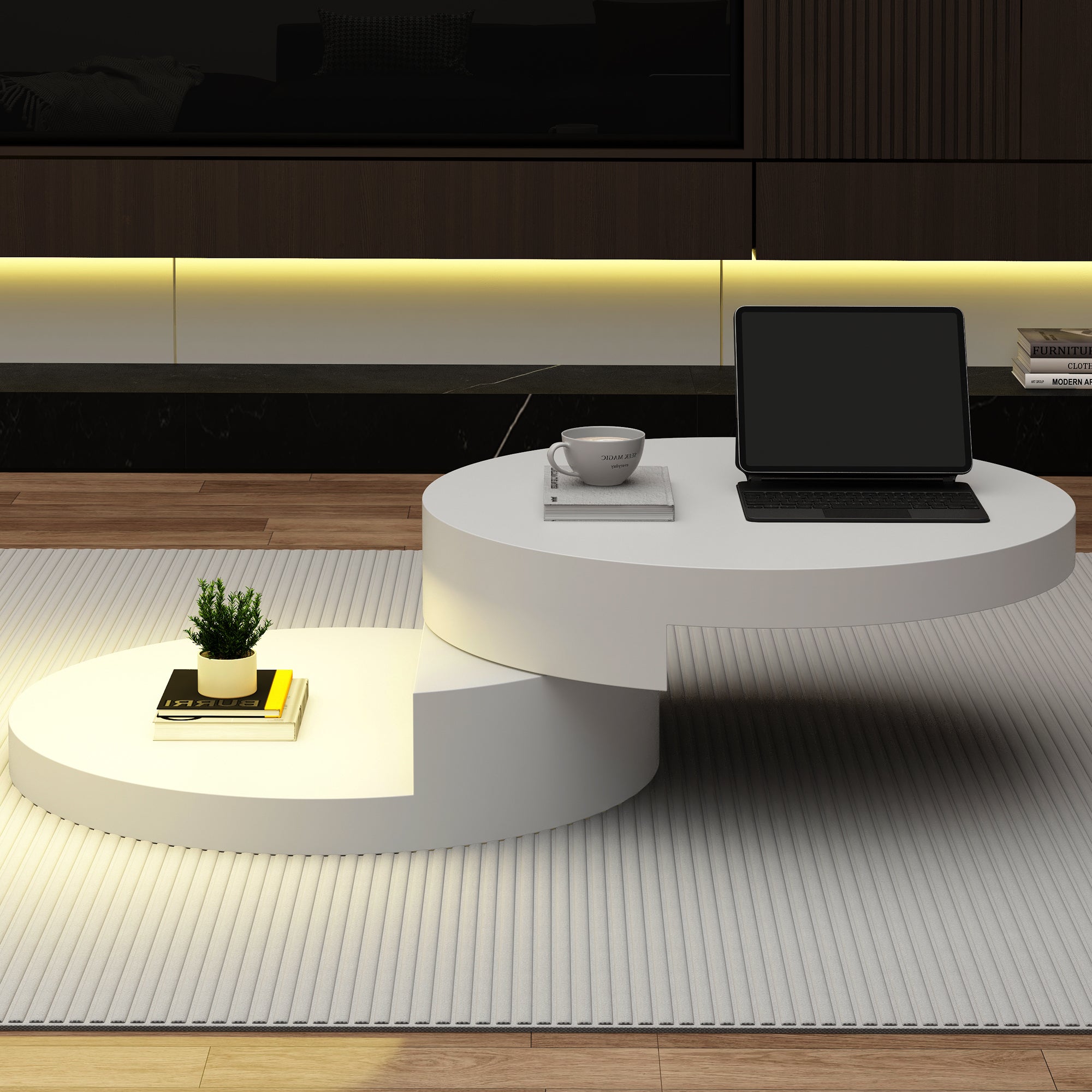 Coffee Table Swivel 360° LED Light Cylindrical MDF White