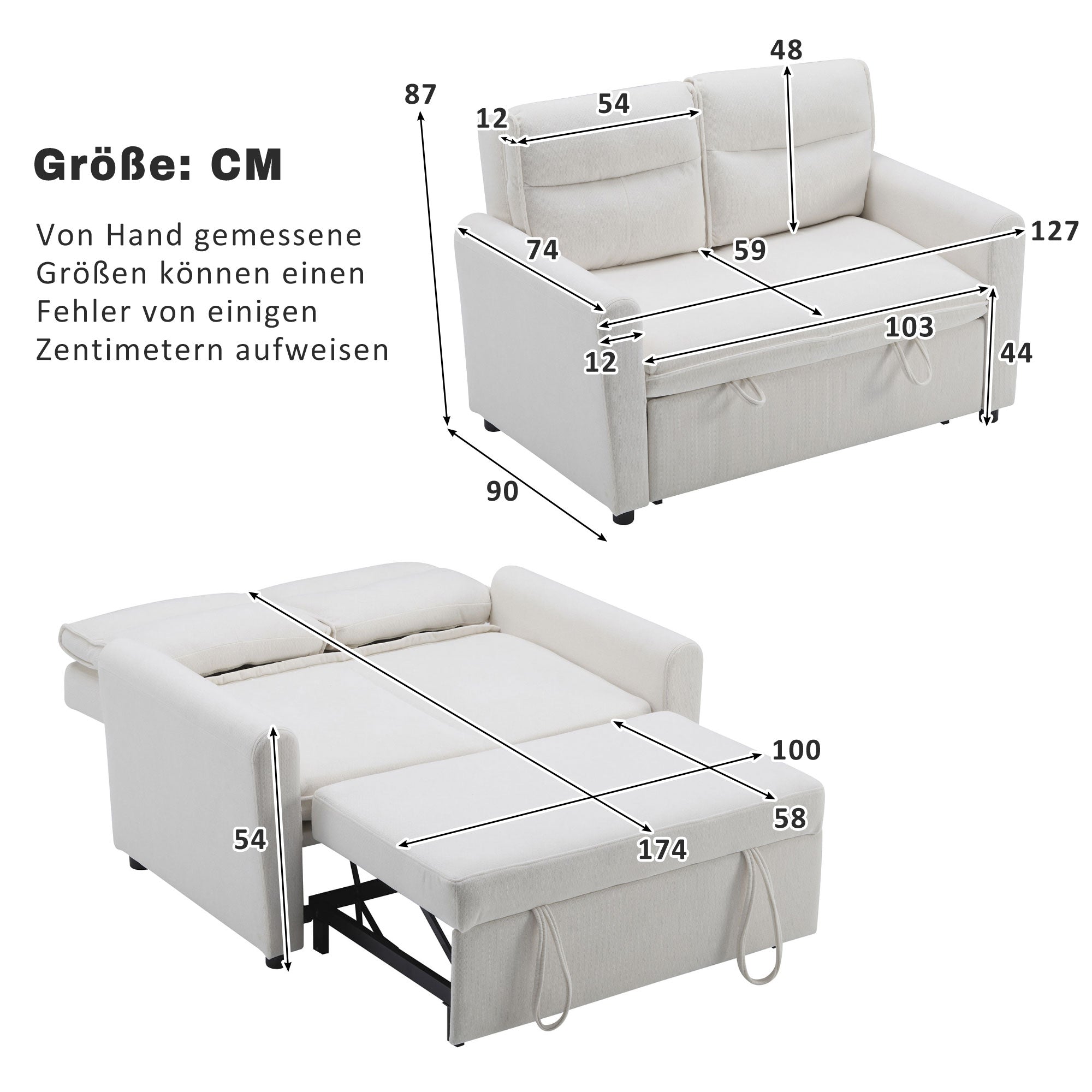 Sofa Bed, Modern 2-Seater Foldable with Pull-Out & Adjustable Backrest