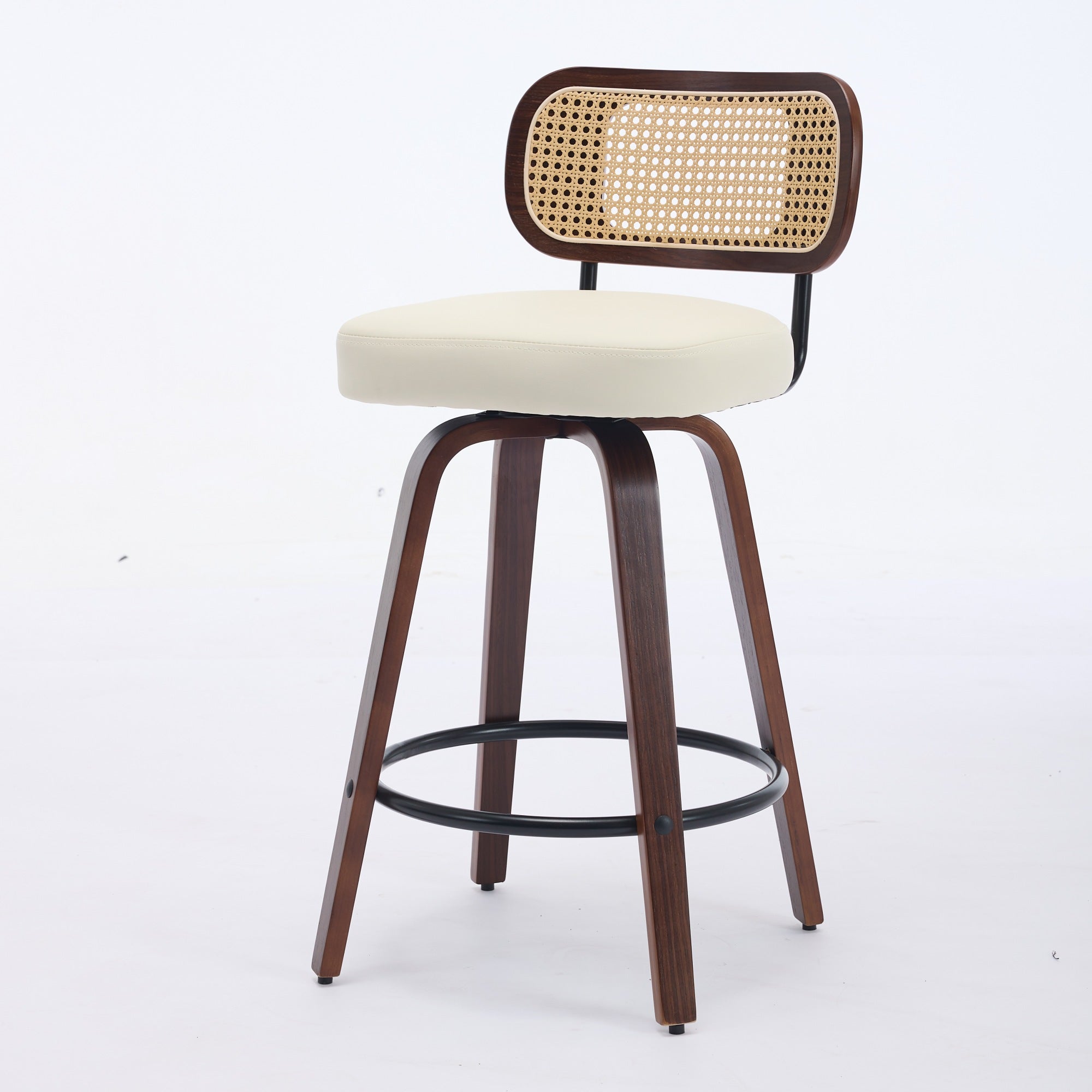 Set of 3 Swivel Bar Stools with Rattan Cane Back and Upholstered Seat, Walnut and Beige