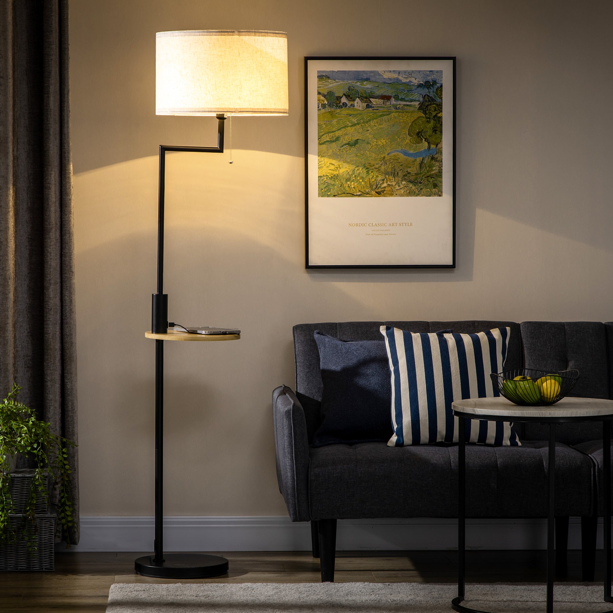 Floor lamp with shelf 40W USB port steel cream