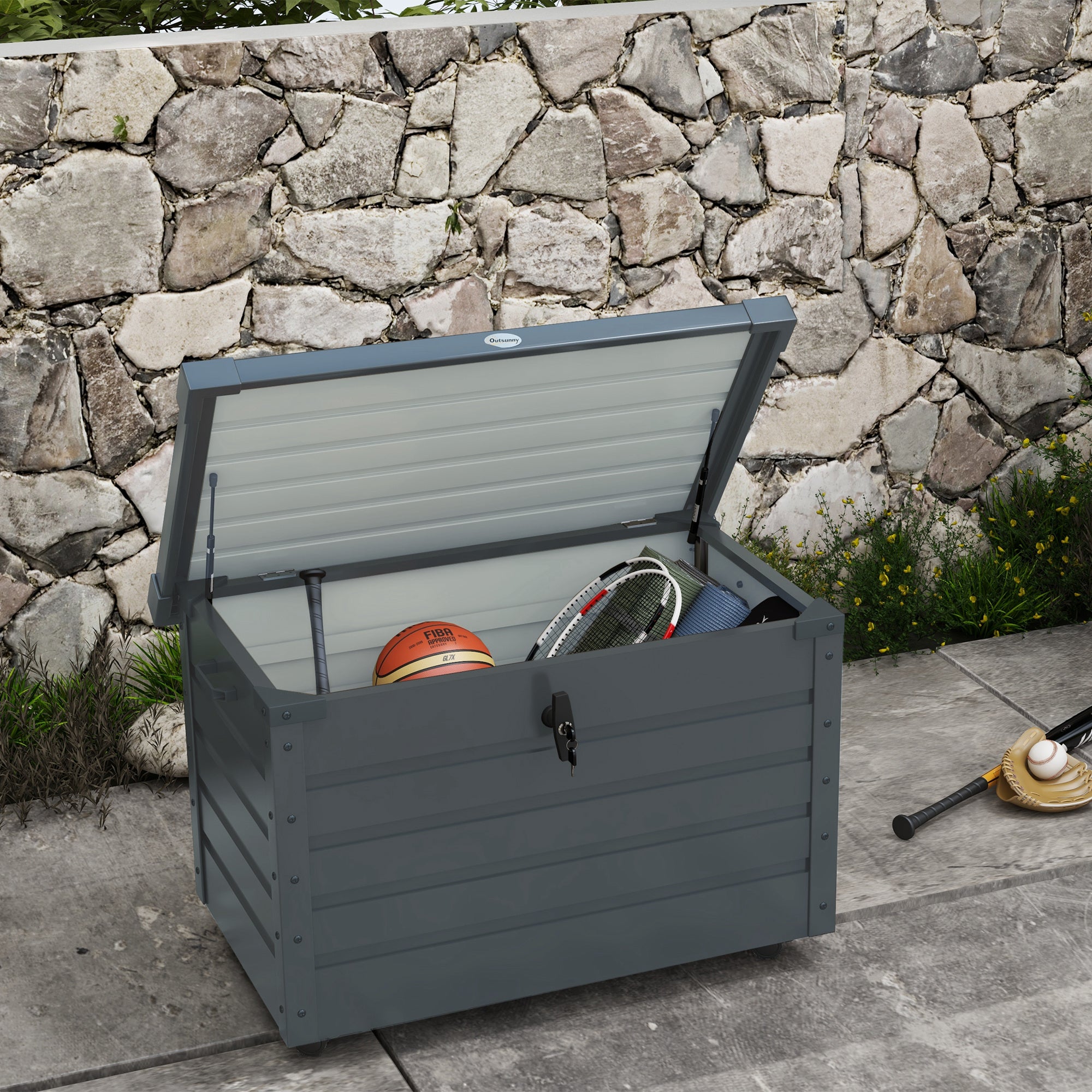 Garden Box Storage Box with Wheels, Lock, Handle Dark Grey