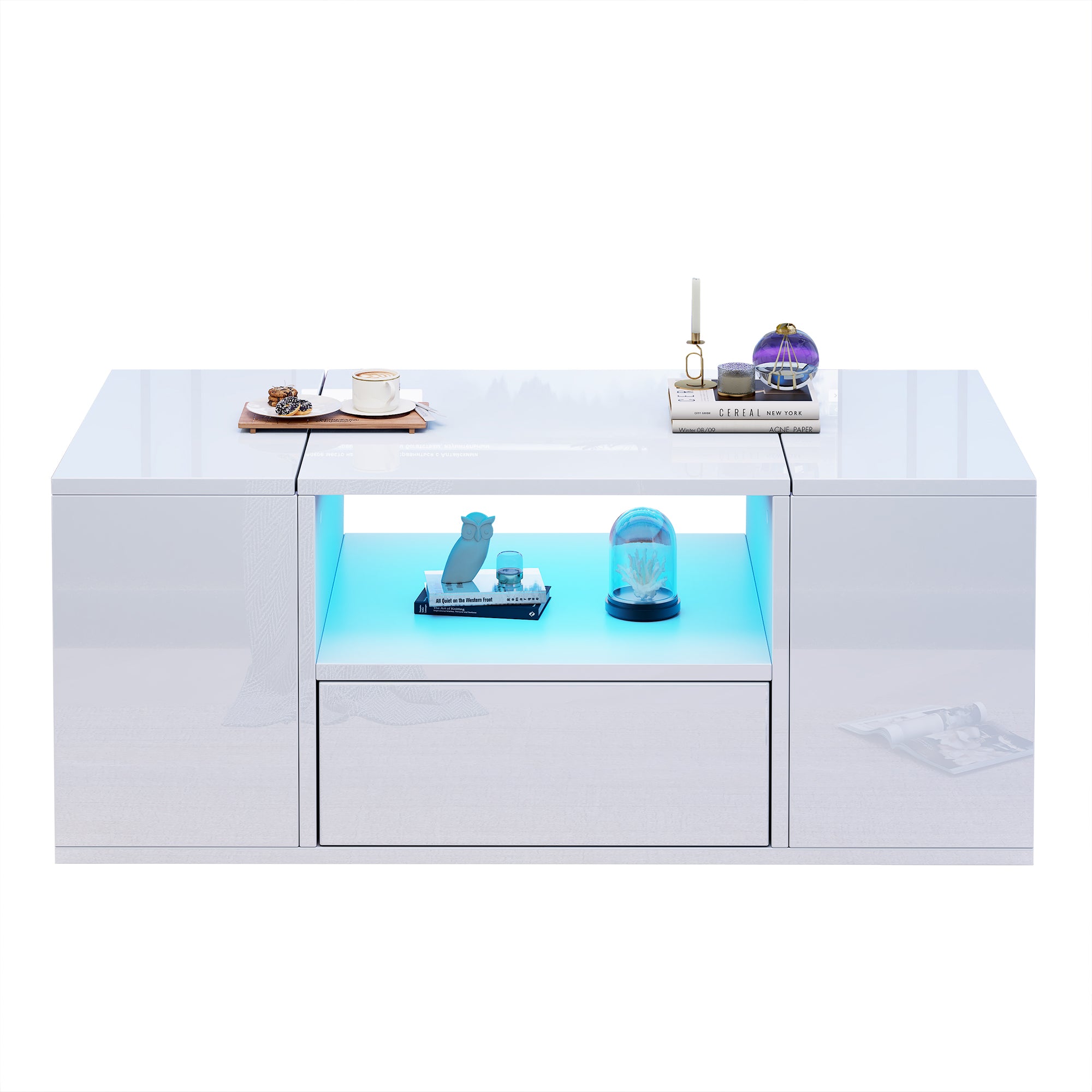 Coffee Table 100x50x40cm High-Gloss LED Light 6 Storage Compartments - White