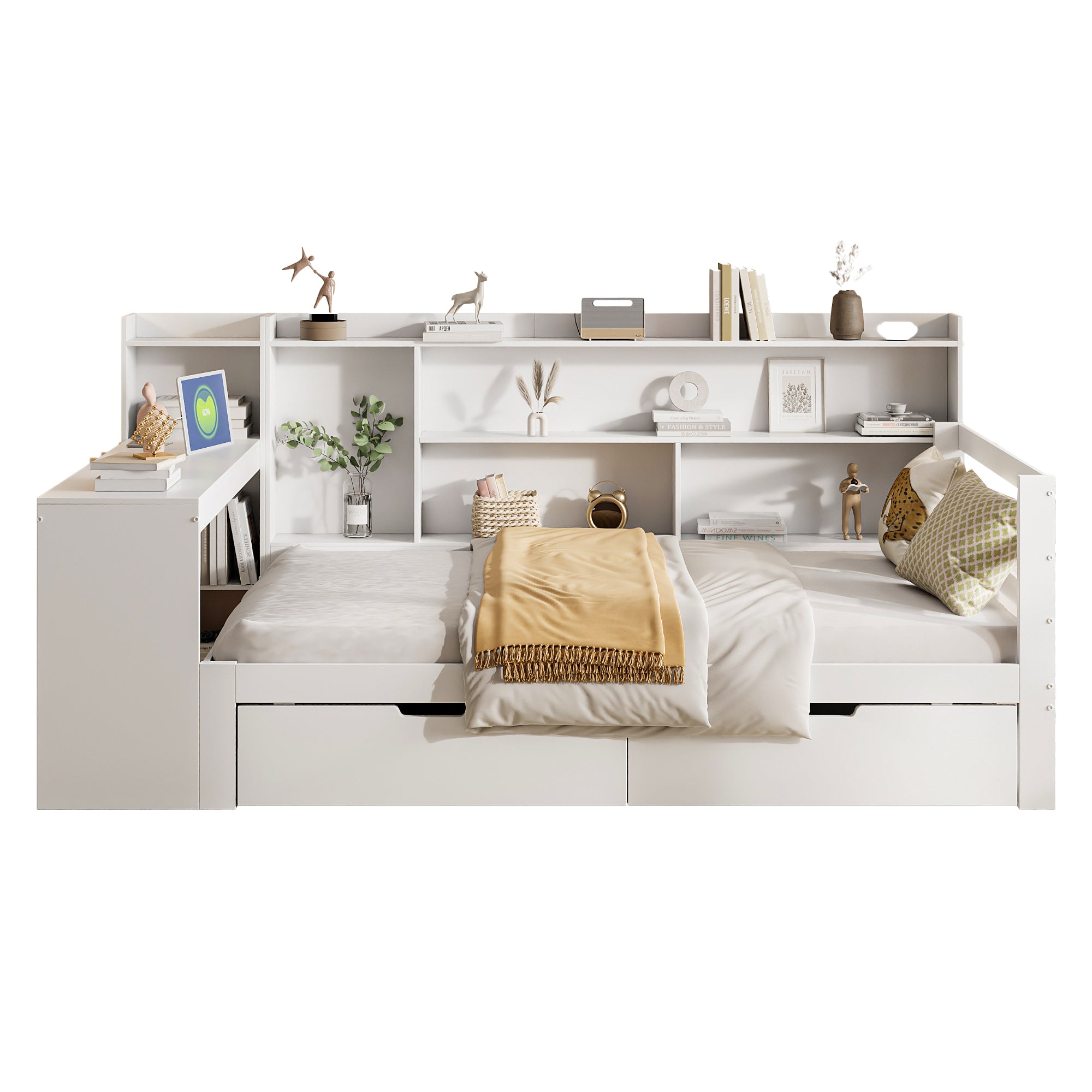 Solid Wood Sofa Bed with Desk, Bookshelf, Storage, Power Outlet - White