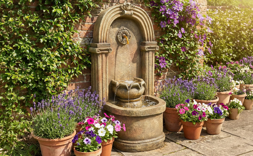 Garden Fountain with 230V Waterfall and Arched Design, Antique Style Metal
