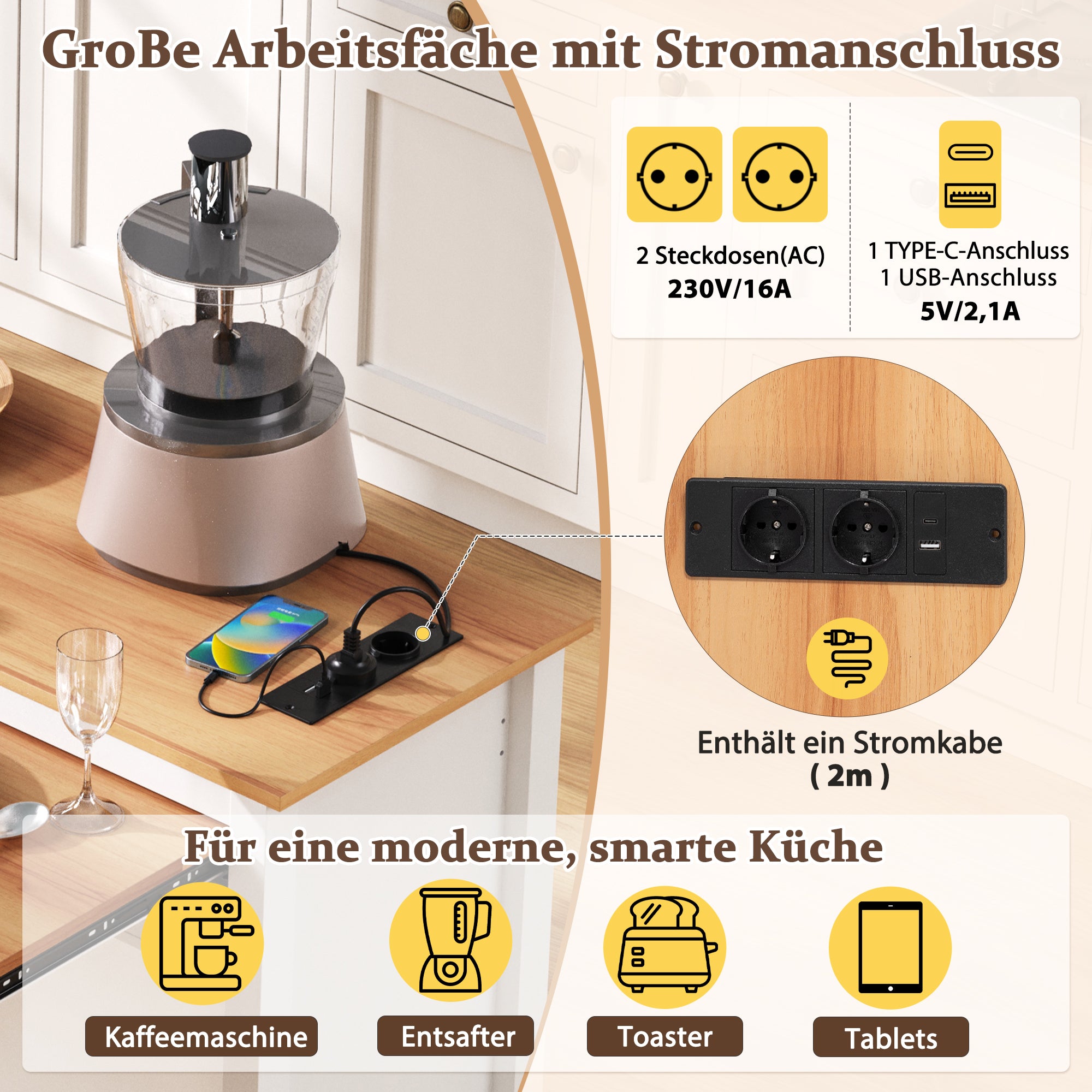 Kitchen Island Extendable Worktop Power Strips Waste Bin - White