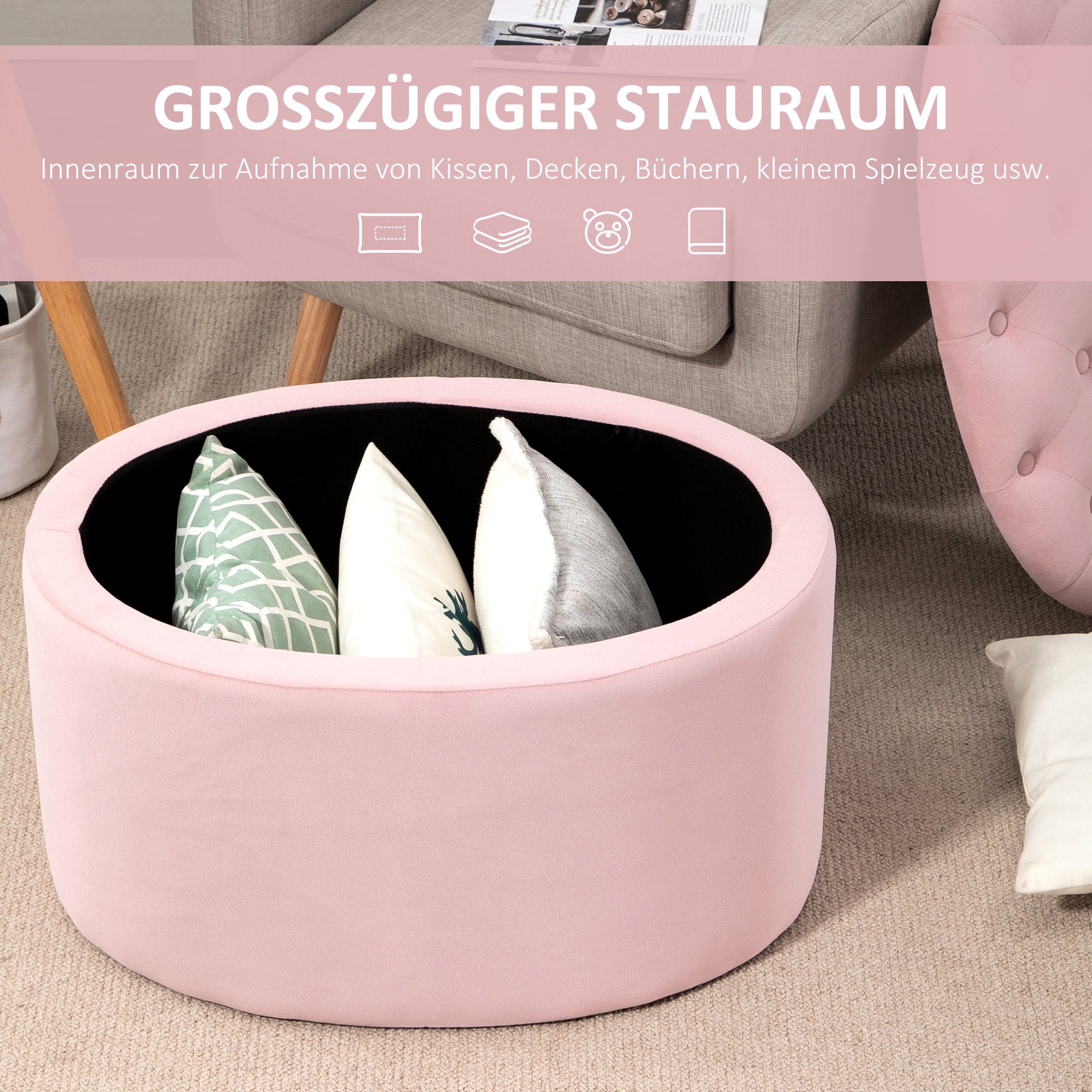 Upholstered Bench with Storage, Oval Shape, Velvet Polyester