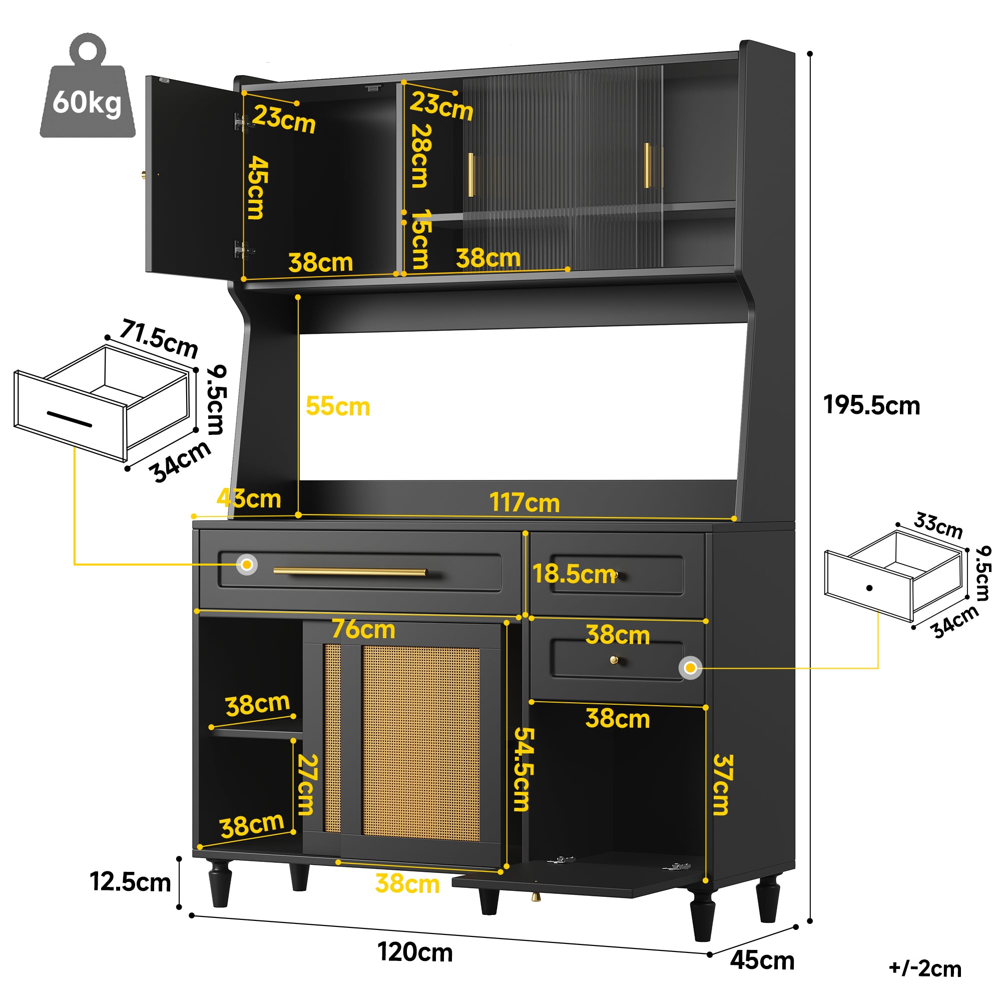 Tall Cabinet Buffet Display LED Rattan 3 Drawers - Black