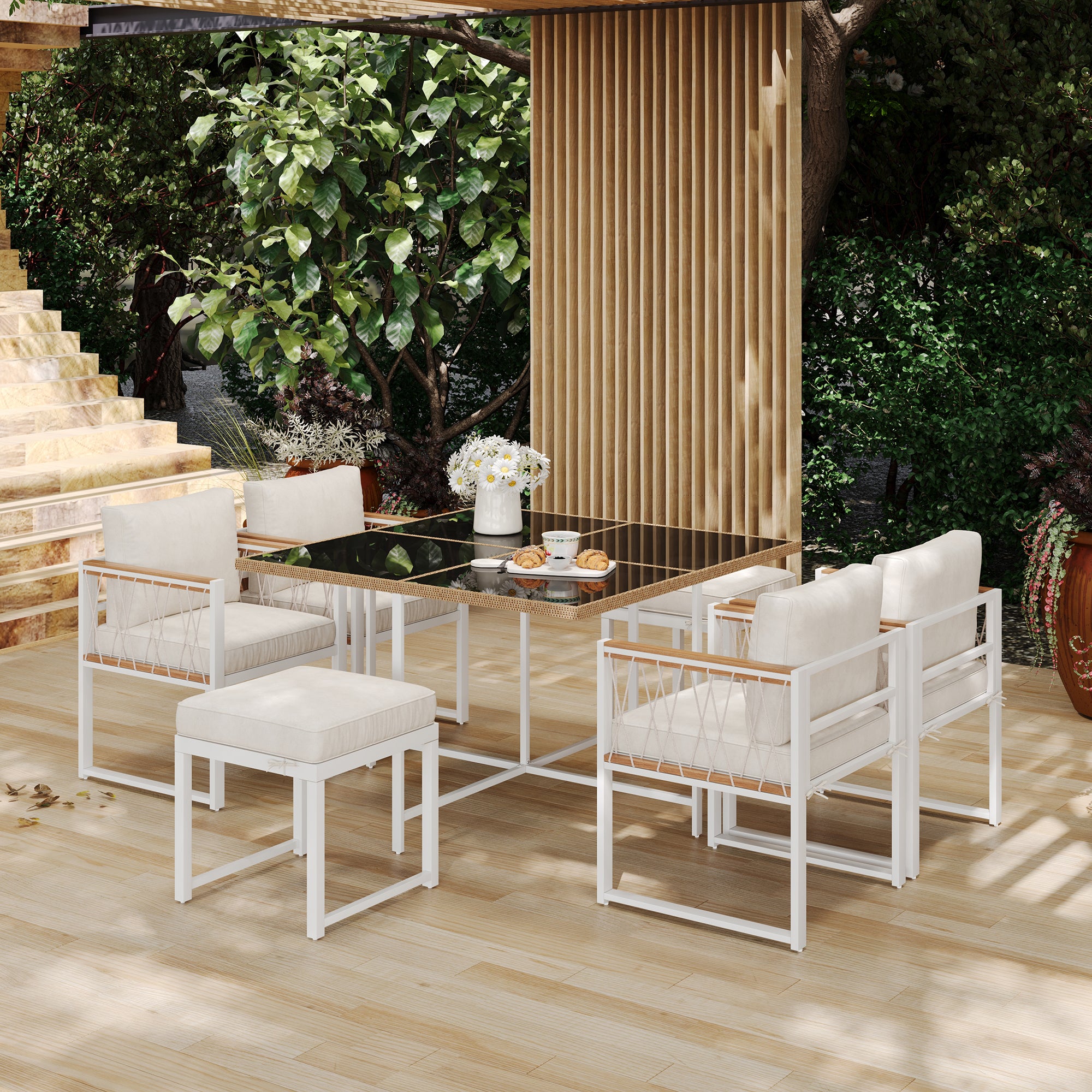 7-Piece Outdoor Dining Set, Tempered Glass PE Rattan, Acacia Wood
