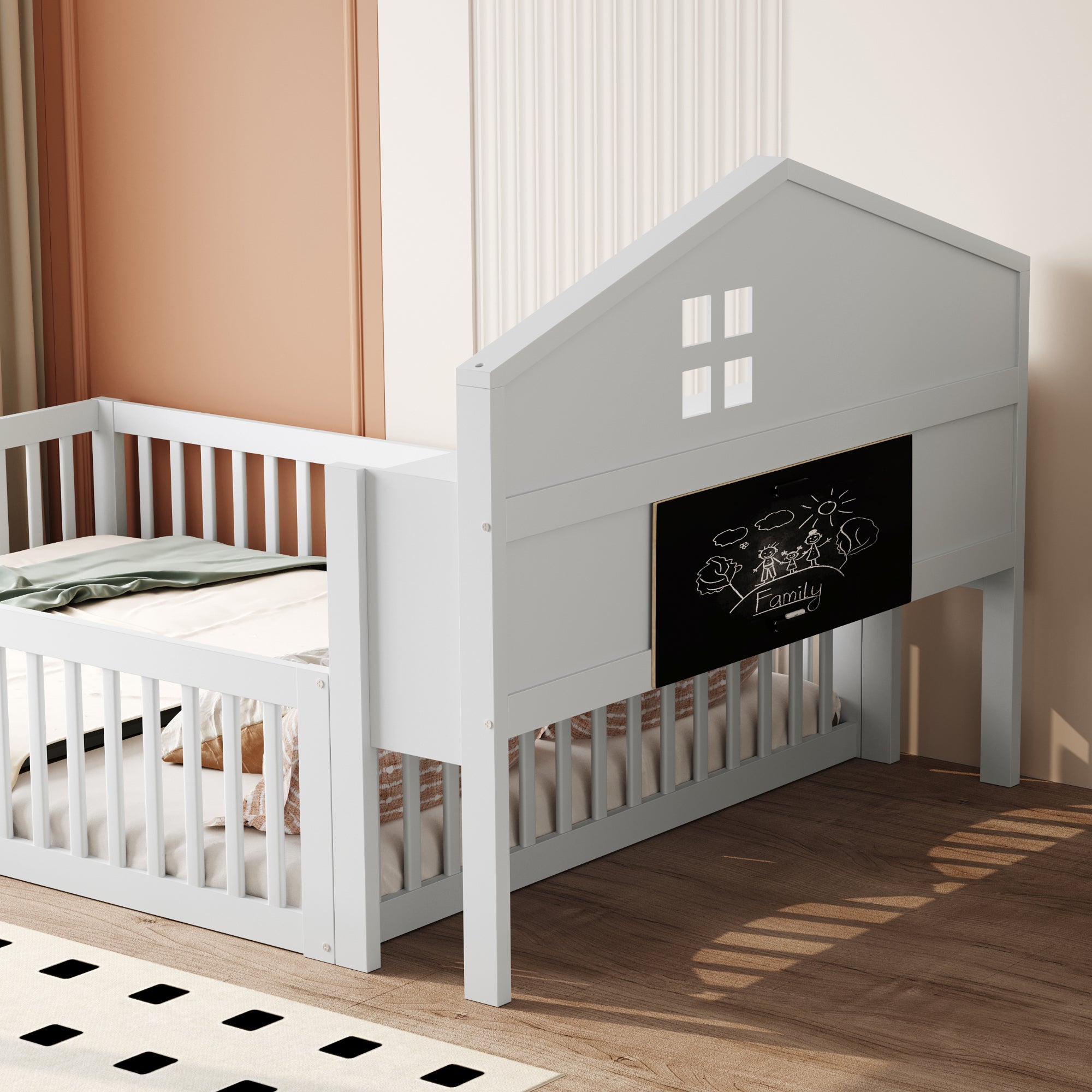 Children's Bed 140x200, Solid Wood House Frame with Shelves & Storage, White