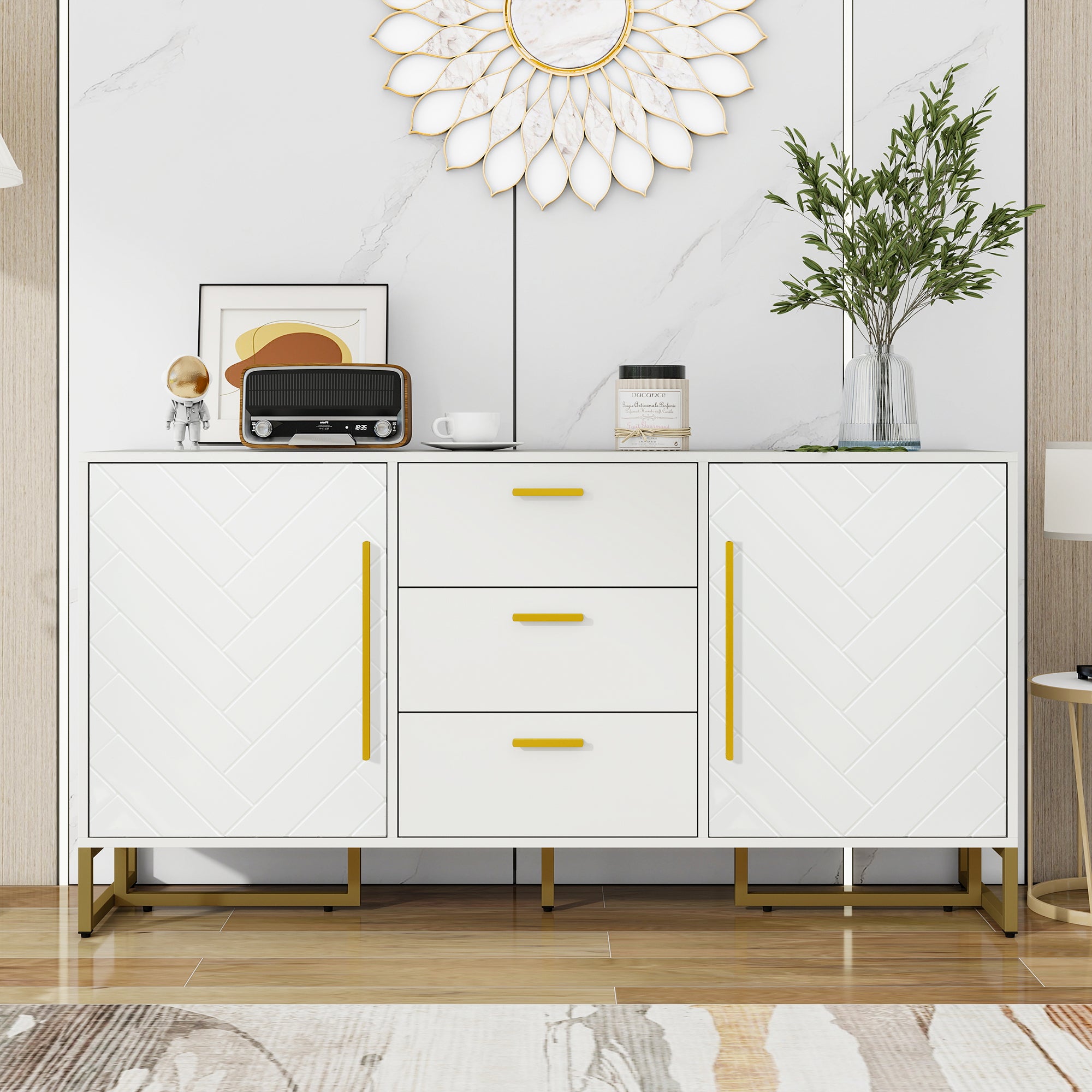 Sideboard Herringbone Pattern 2 Doors 3 Drawers - White