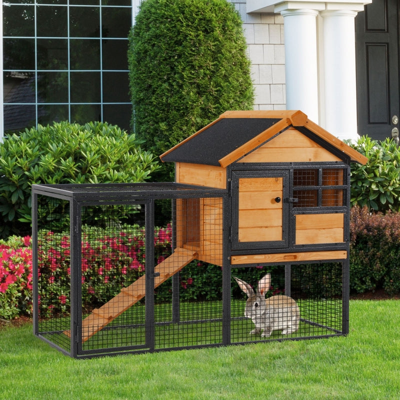 Rabbit Hutch Guinea Pig House Pet Bunny Cage Elevated for Outdoor, Wood-metal, Light Yellow