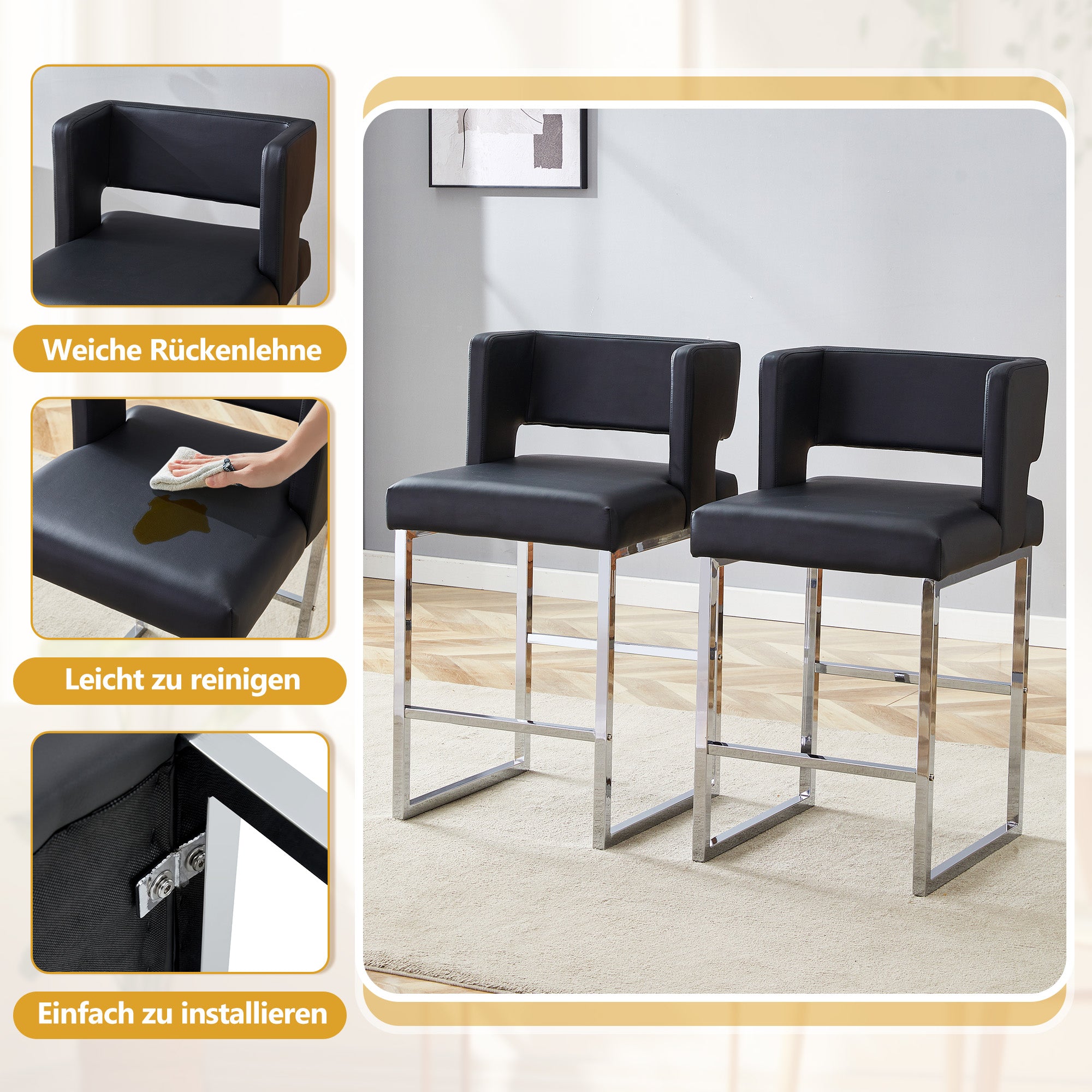 Set of 2 Bar Stools, Nordic Style Square Design Silver Metal Legs, Black