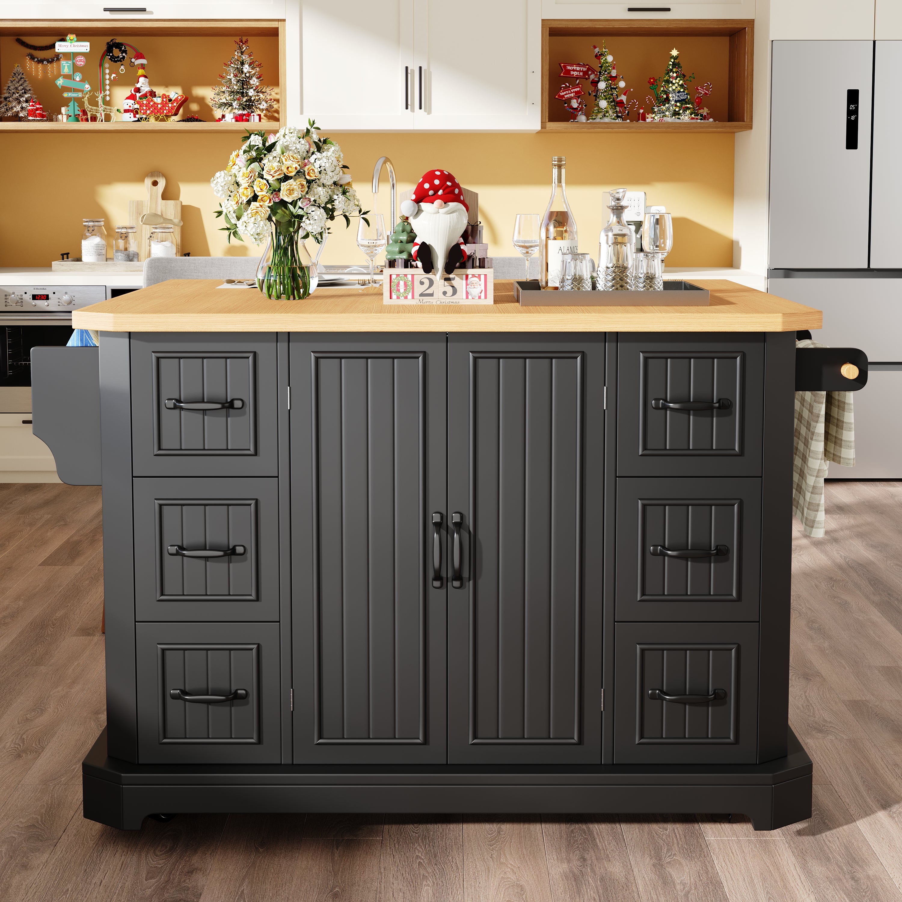 Mobile Kitchen Island with 2 Doors and 6 Drawers, White and Black