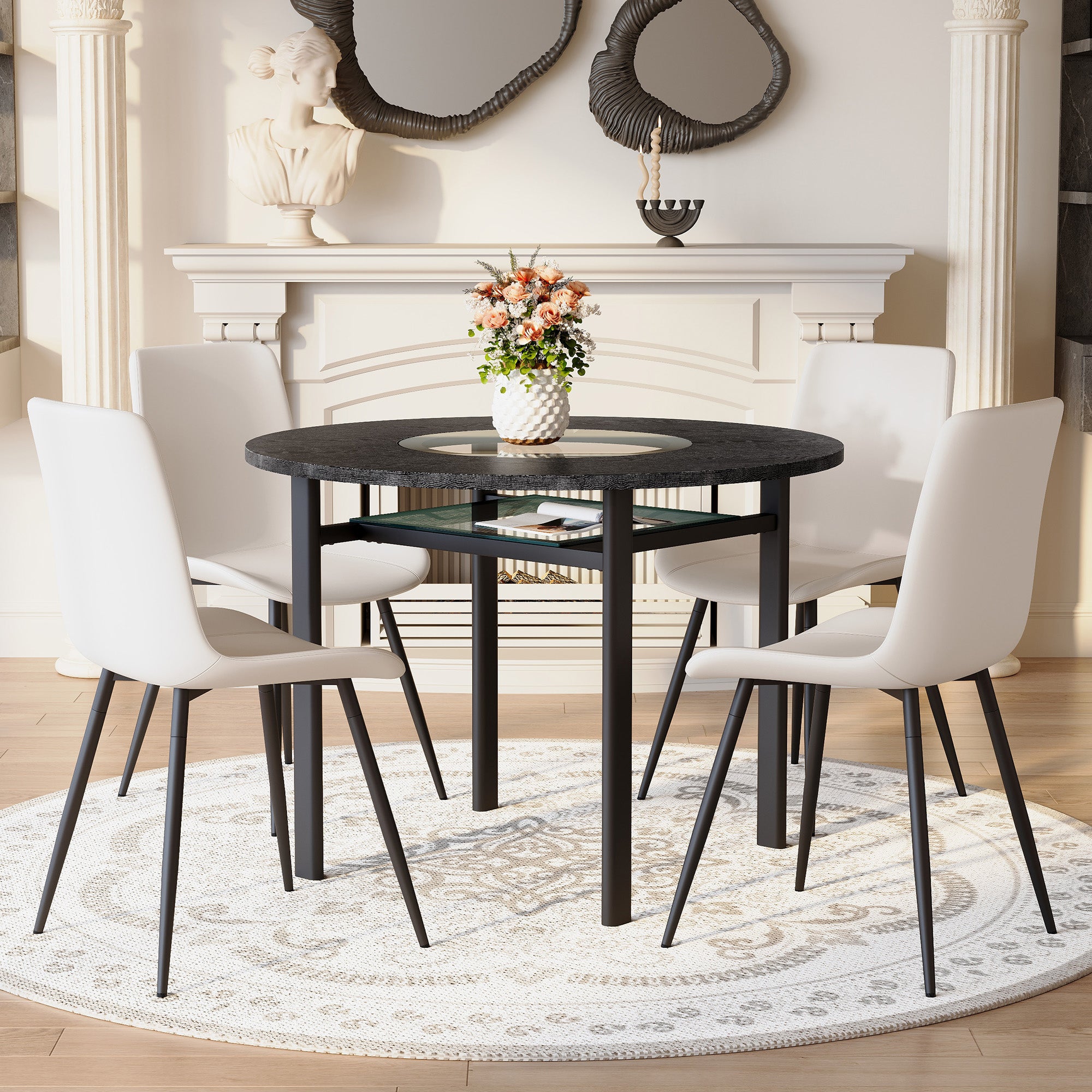 Round Table Set, 100cm Diameter with 4 Comfort Armchairs, White PU & Black Wood Look
