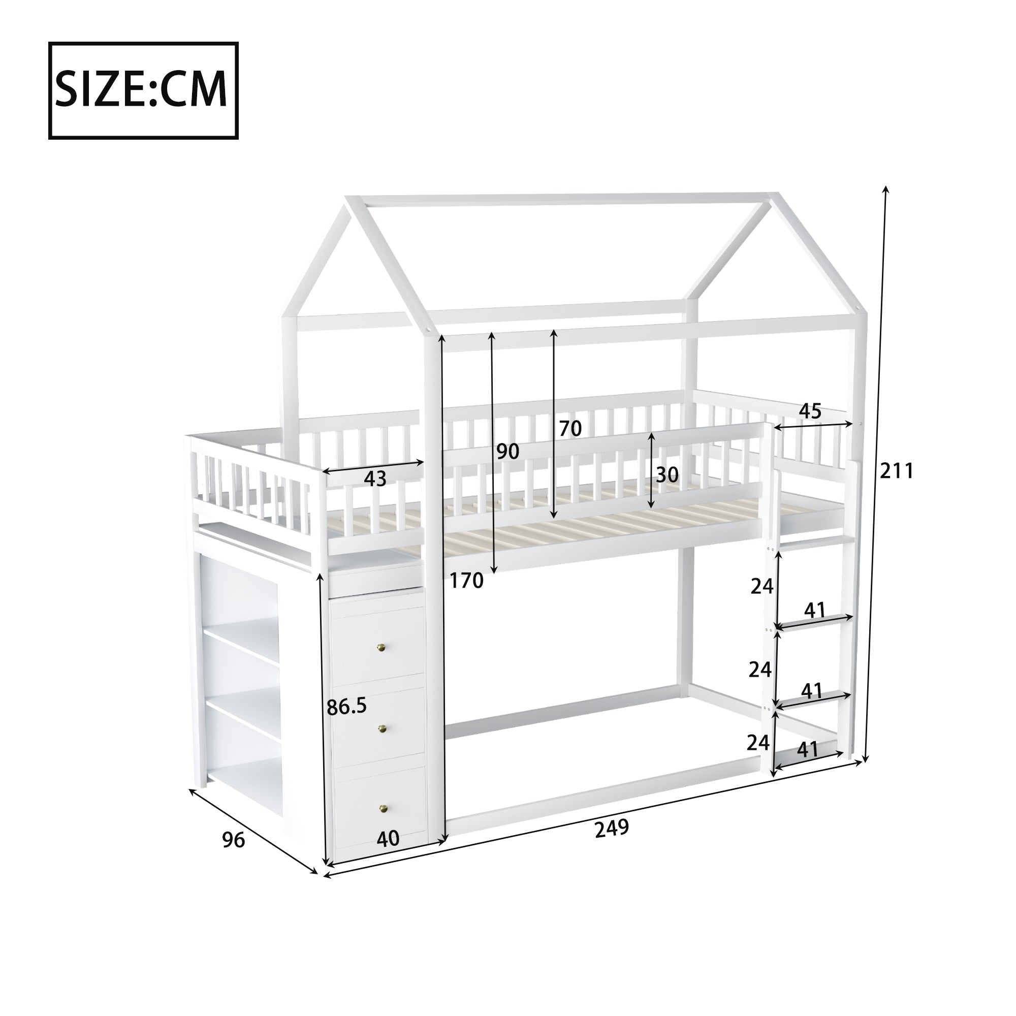 Bunk Bed, House Shape with Storage and Ladder, Solid Wood, White