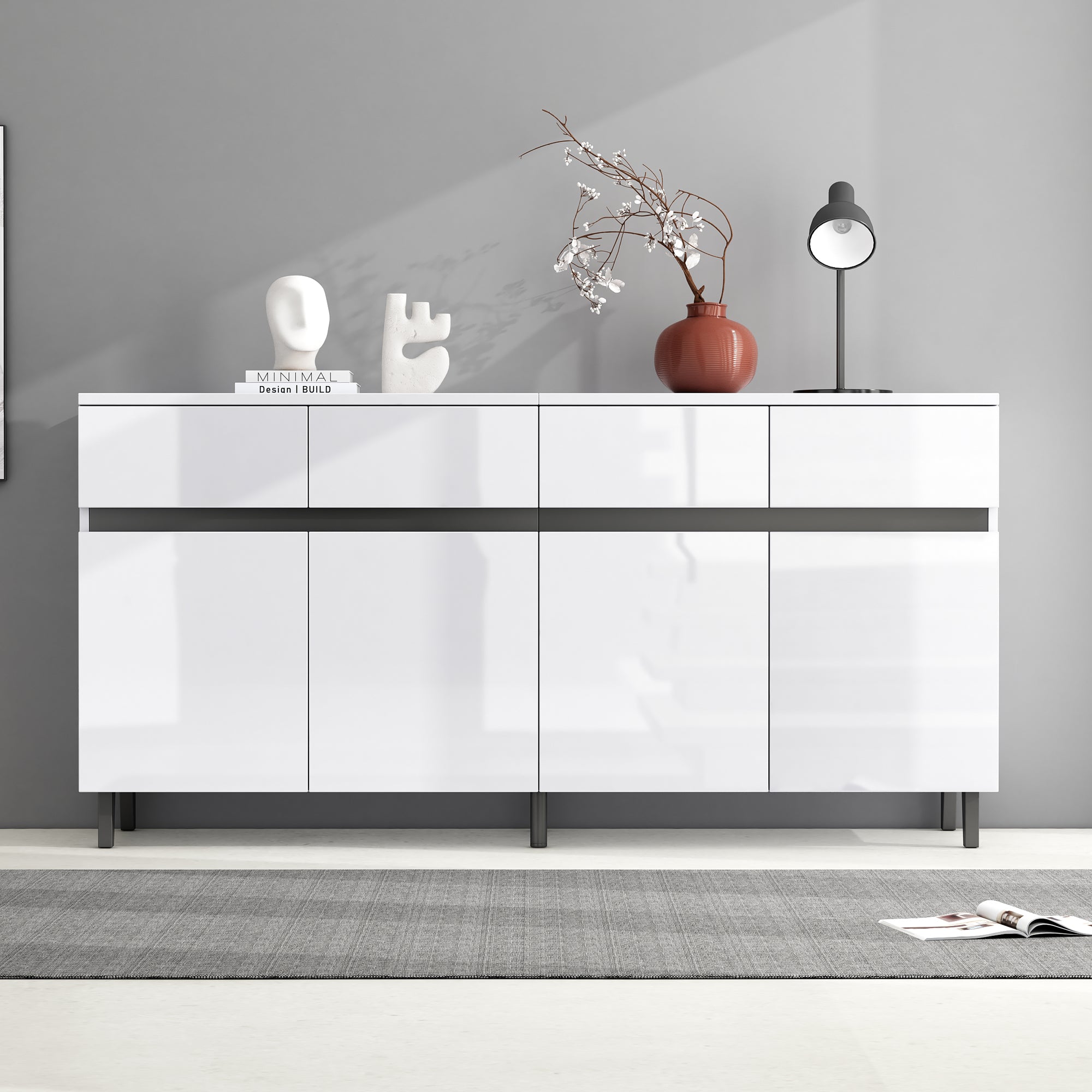N625P228826849W Sideboard with 4 Drawers, 2 Doors & Adjustable Shelves, High-Gloss White