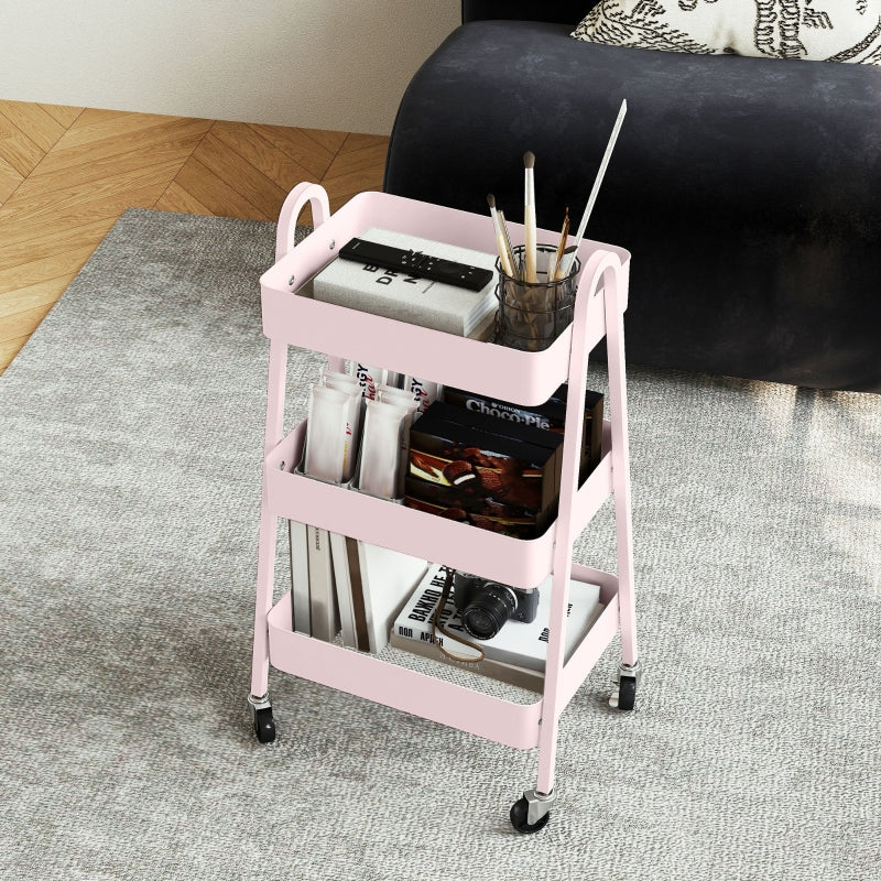 Three-Tier Storage Trolley, Metal Frame Mesh Shelves, Pink
