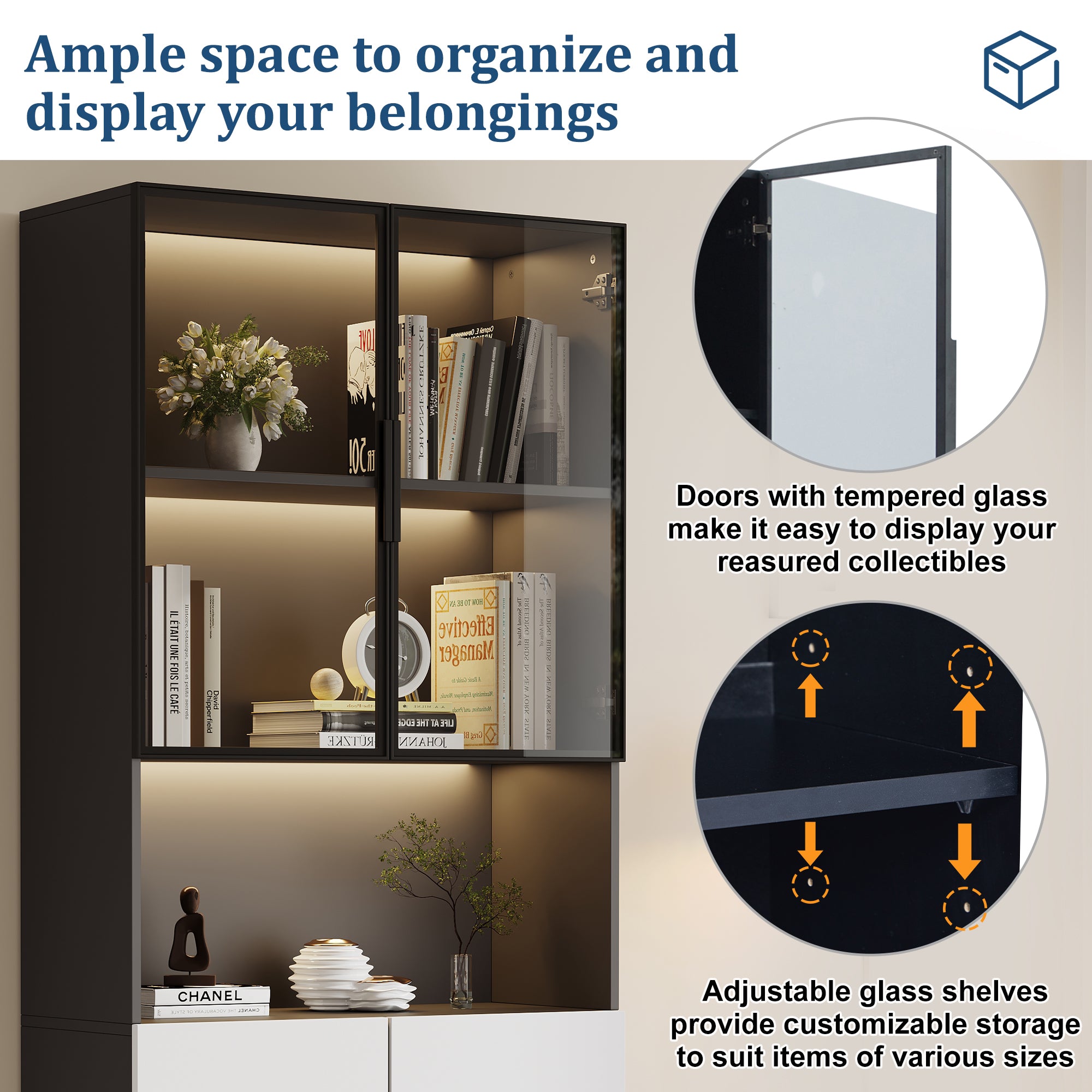 Display Cabinet, Minimalist LED Glass Doors, White with Black Decoration