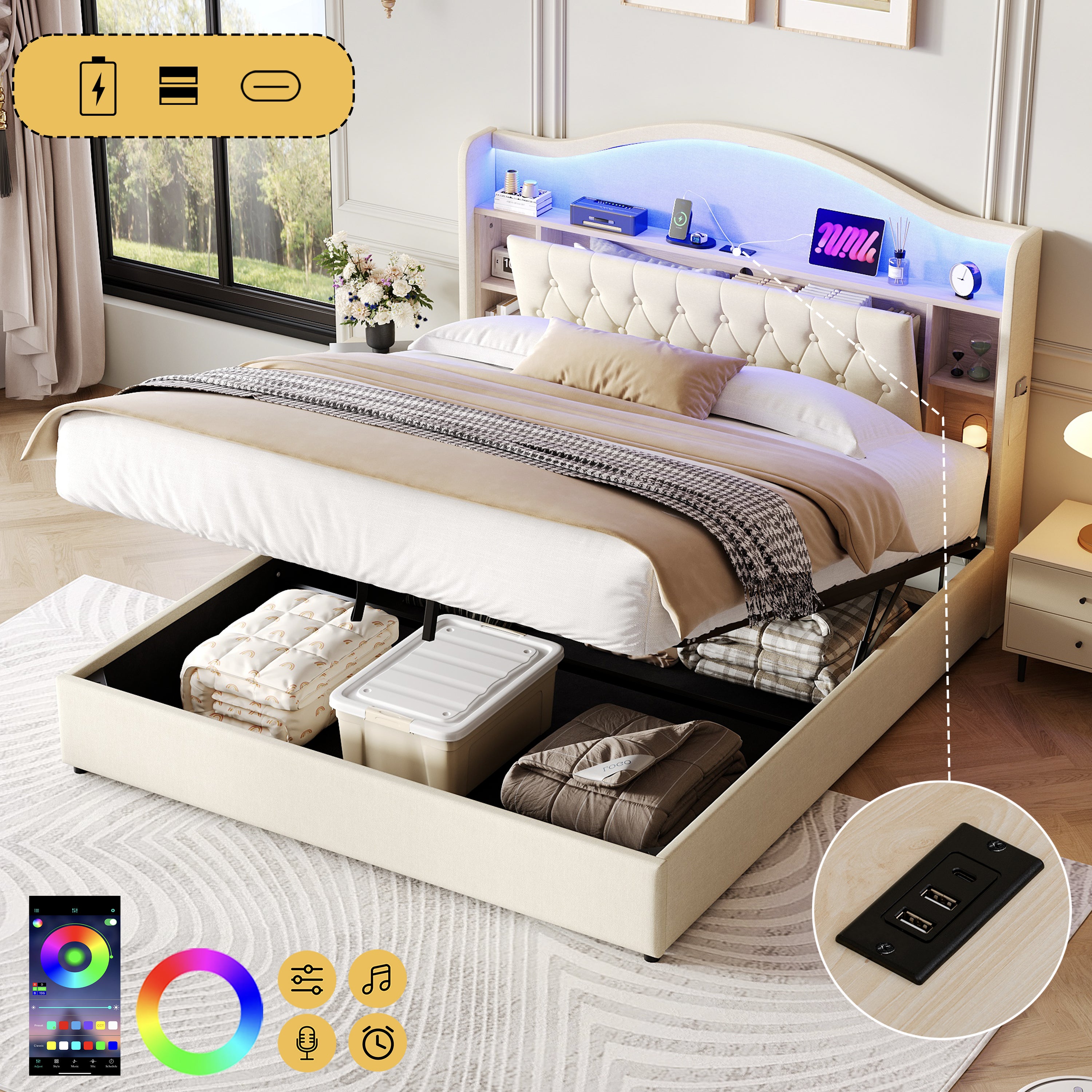 King Upholstered Bed Frame, Hydraulic Storage, LED Button Tufted Headboard w/ Charging Station, Linen Beige
