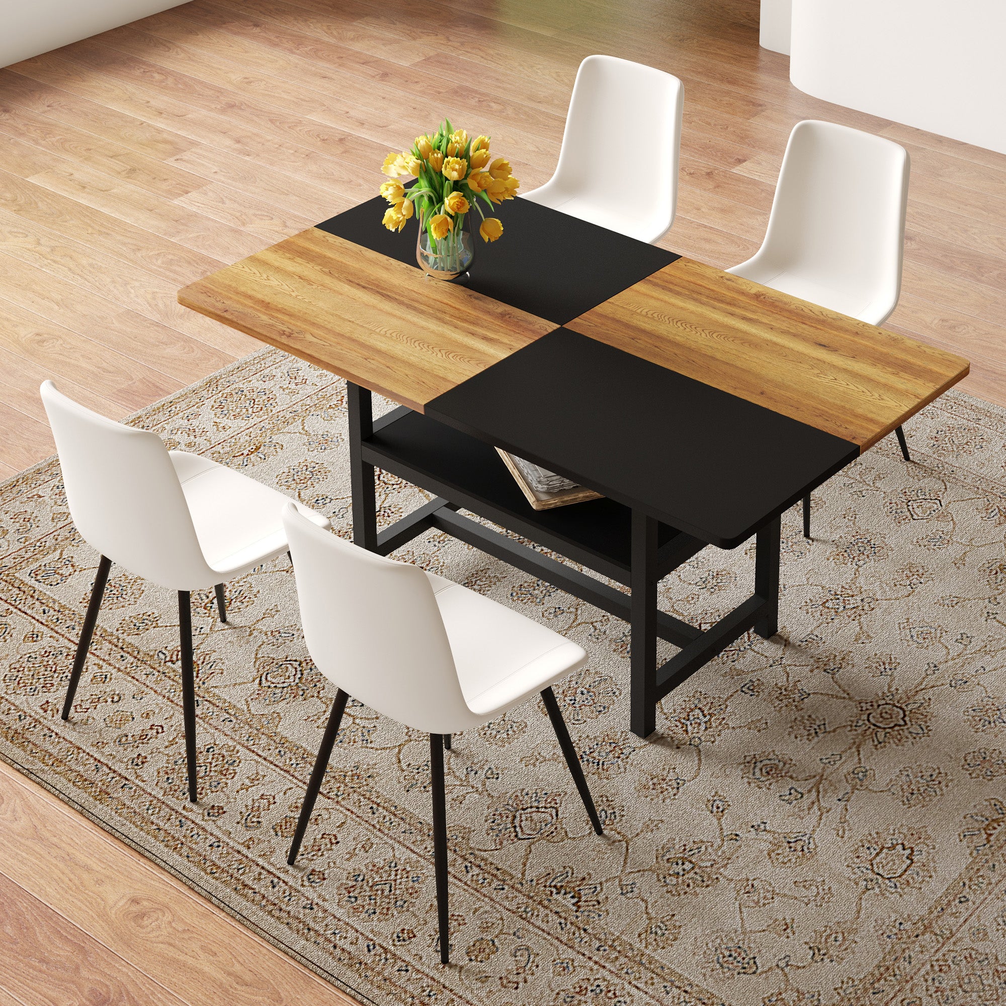 160 cm Rectangular Dining Table Set, Multifunctional Storage & 4 Chairs, White PU