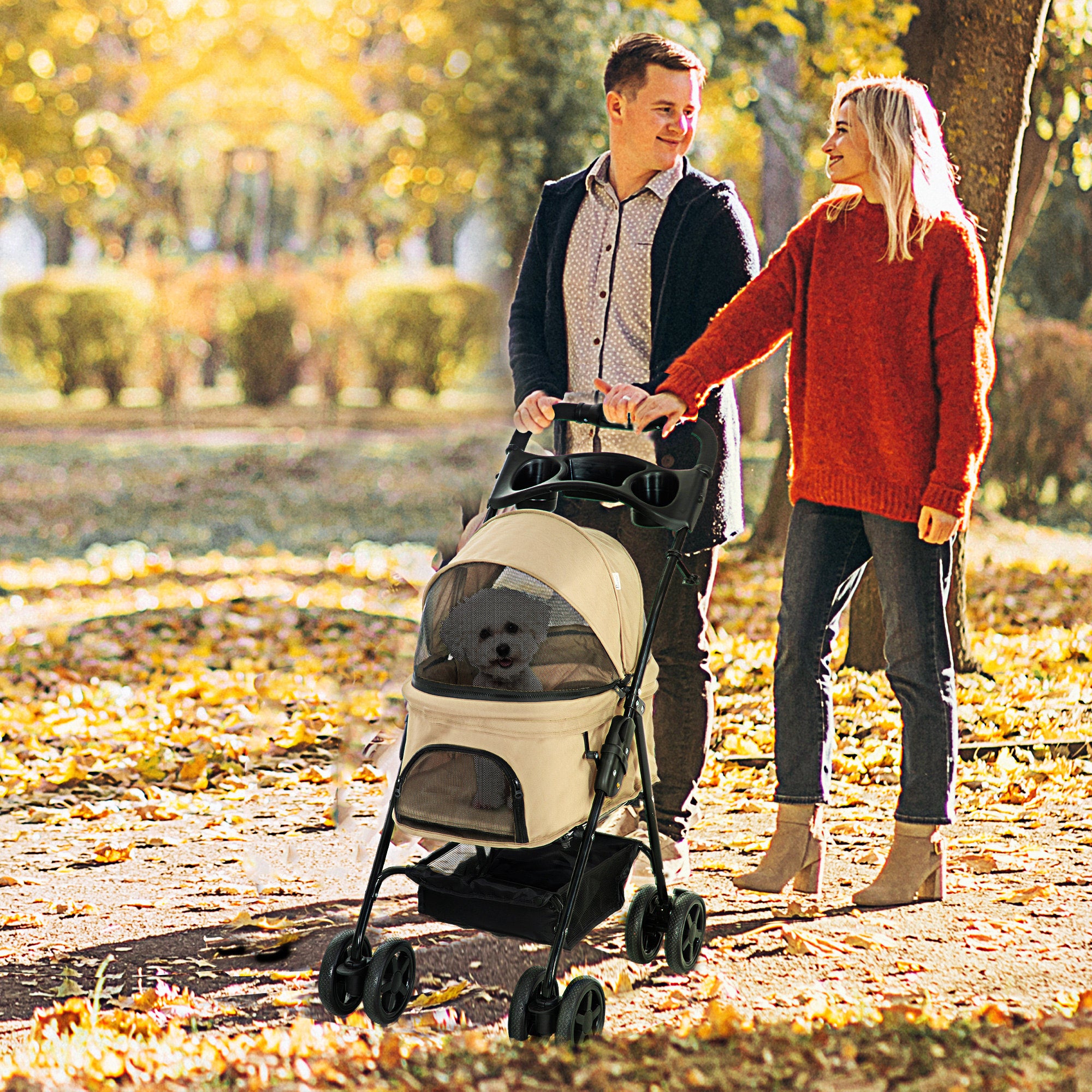 Dog Stroller, Folding Pet Stroller for Small Dogs and Cats, Oxford Khaki