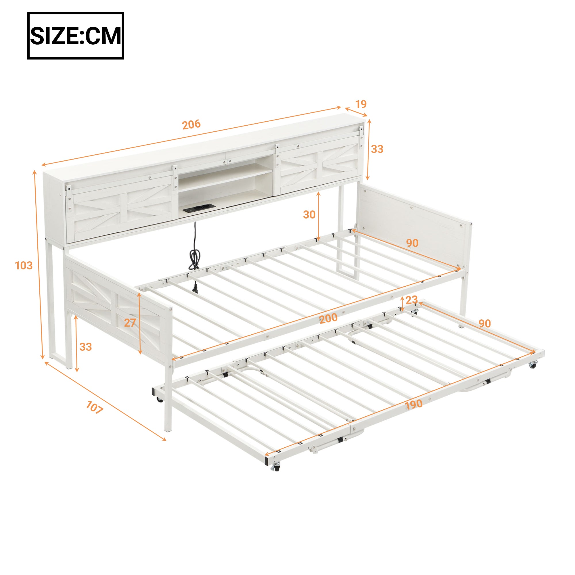 Iron Sofa Bed, 90x200cm Pull-Out with Storage & Sockets, White