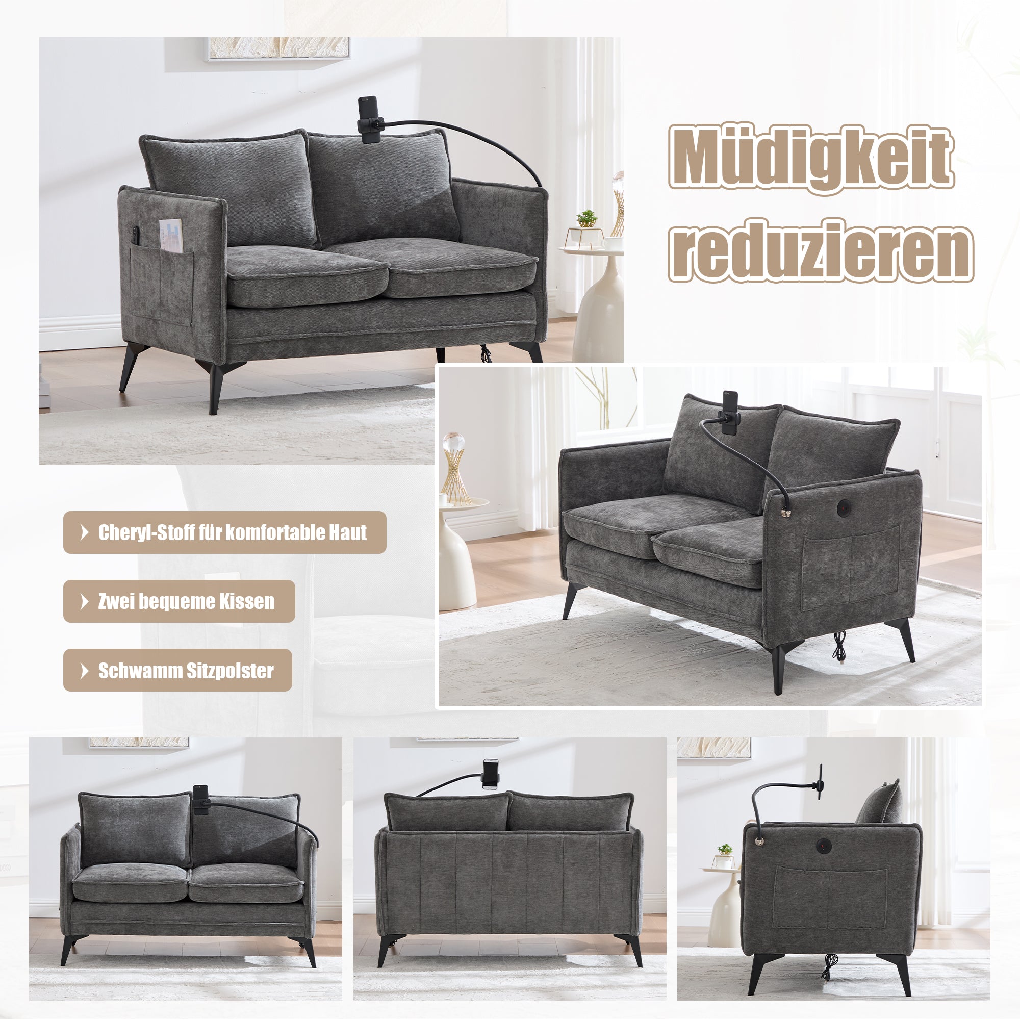 Modern Double Sofa, Small Fabric Armchair with Storage Side Pocket & Adjustable Phone Holder, Fabric