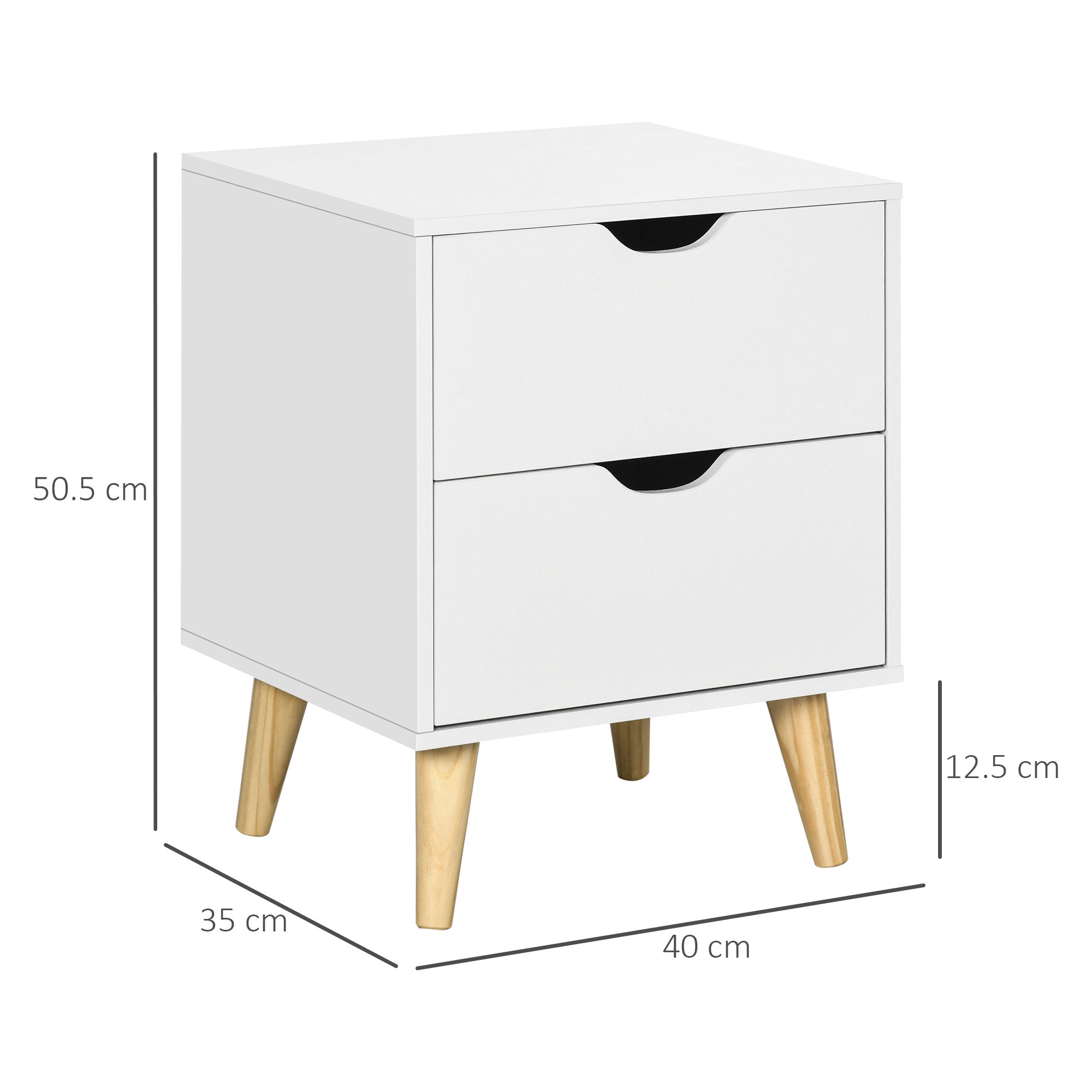 Bedside Table with 2 Drawers, Pine Wood Legs, White
