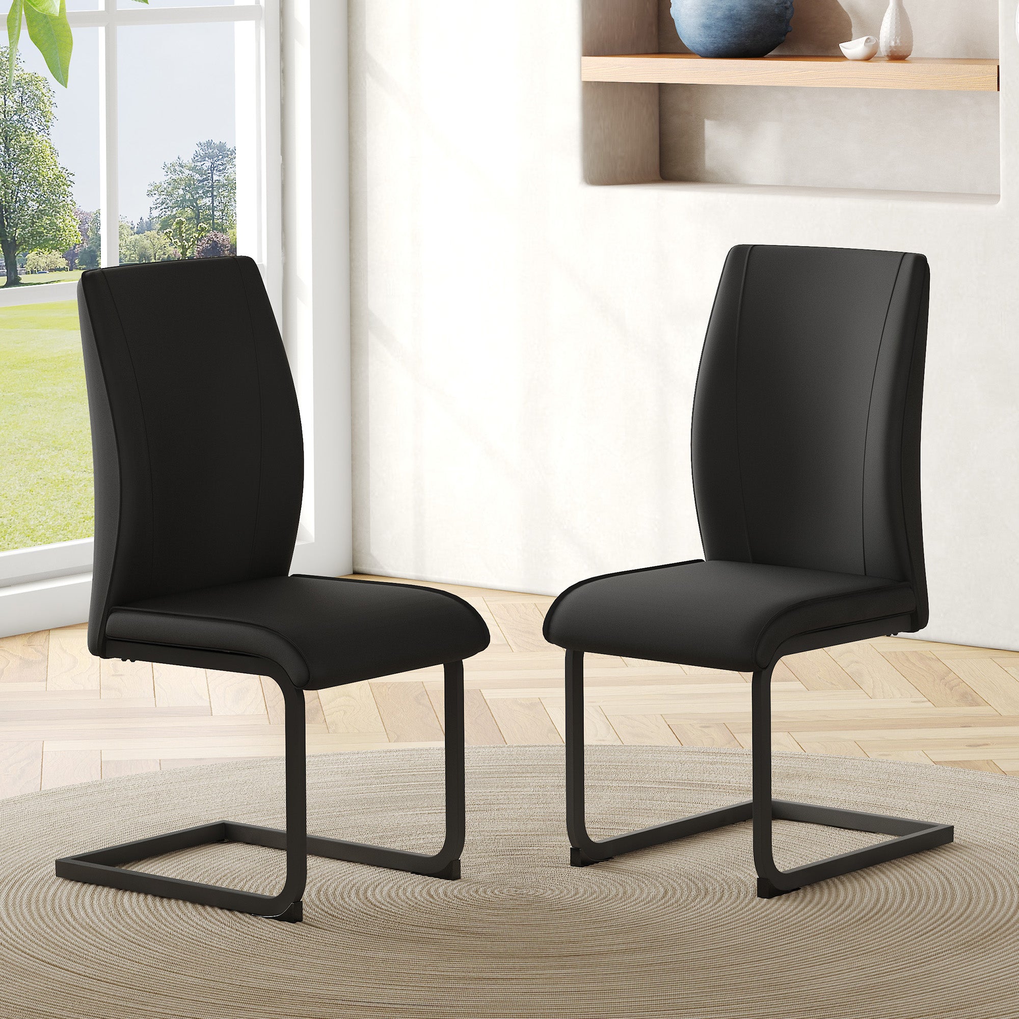 2-piece Set Dining Chairs with Black Metal Legs, Ergonomic Design, Black PU