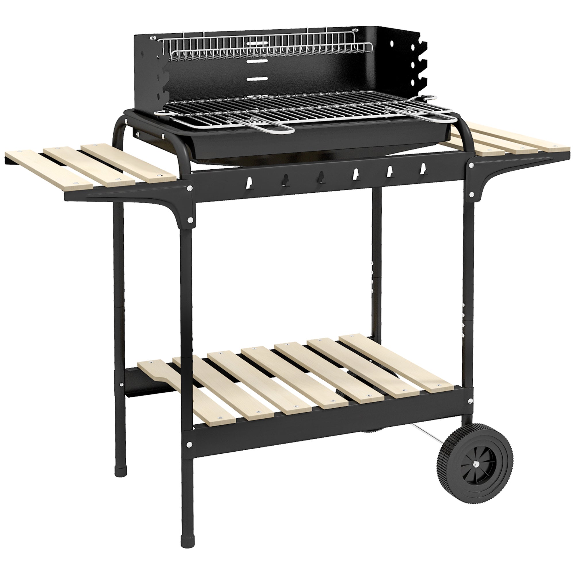 Charcoal Grill BBQ Smoker with Wheels, Adjustable Grate, Wood Shelf, Metal