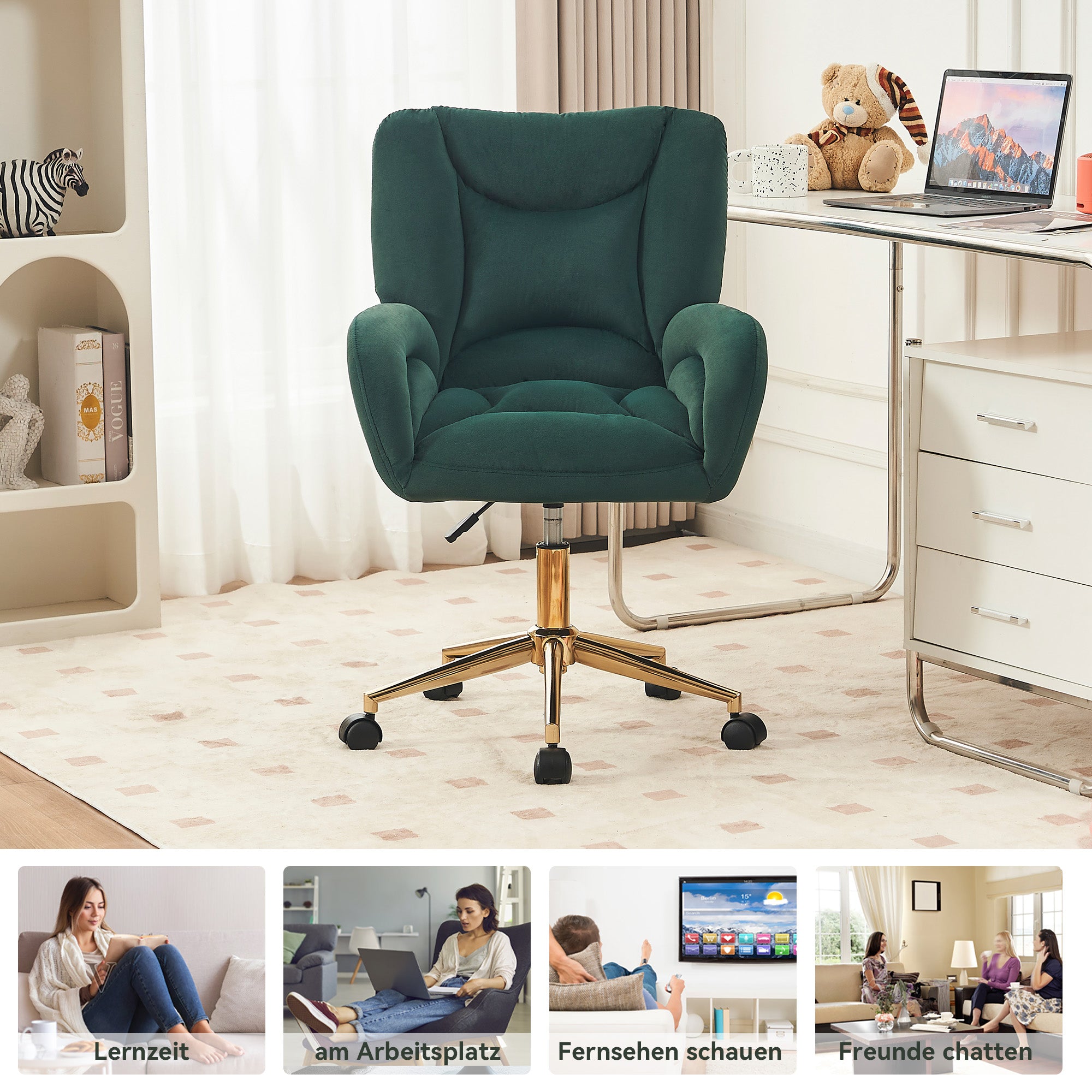 Full KD Swivel Chair, Height-Adjustable Home Office with Gold Legs, Green Velvet Fabric