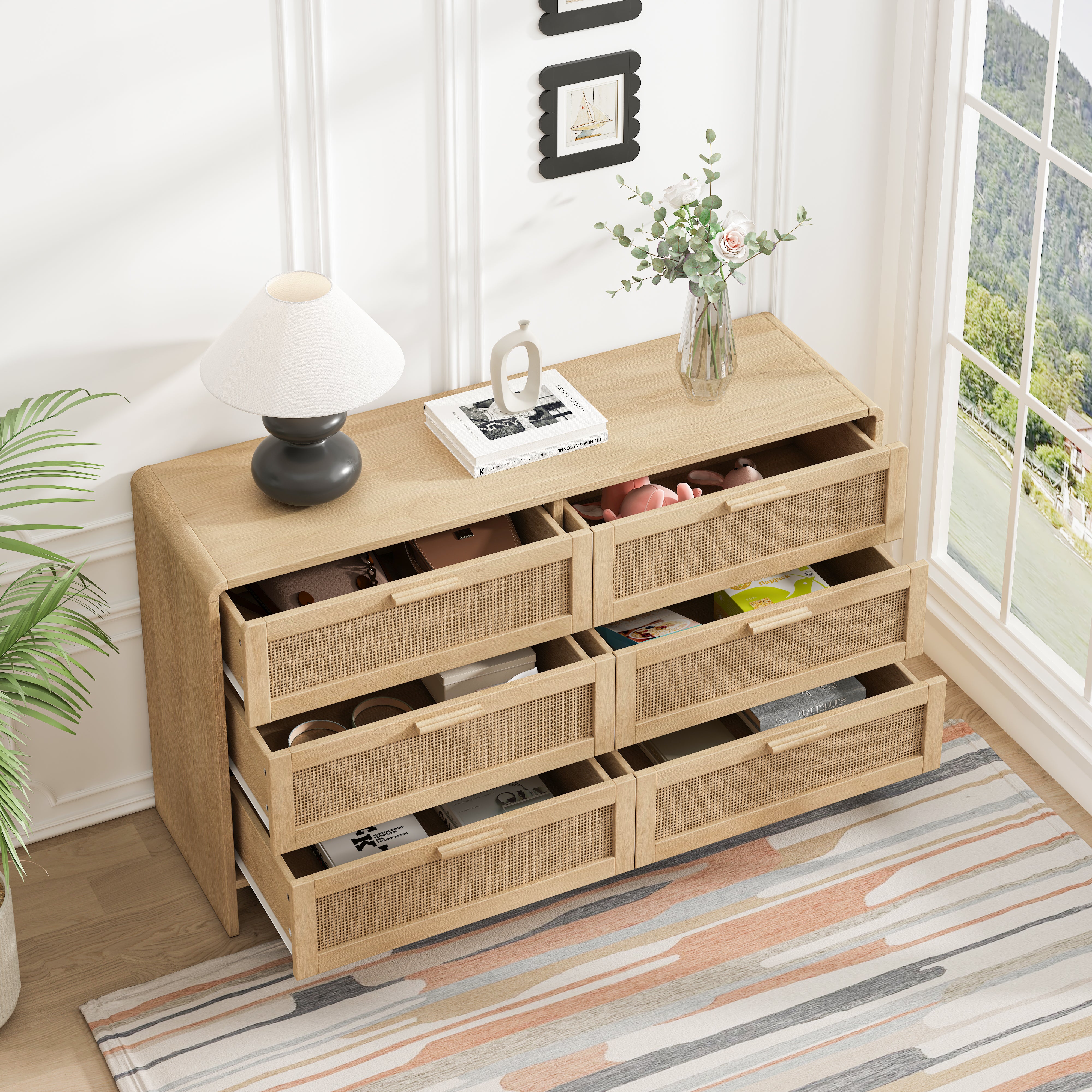 Arc Shaped Corner Cabinet, 6-Drawers Rattan Storage, Natural