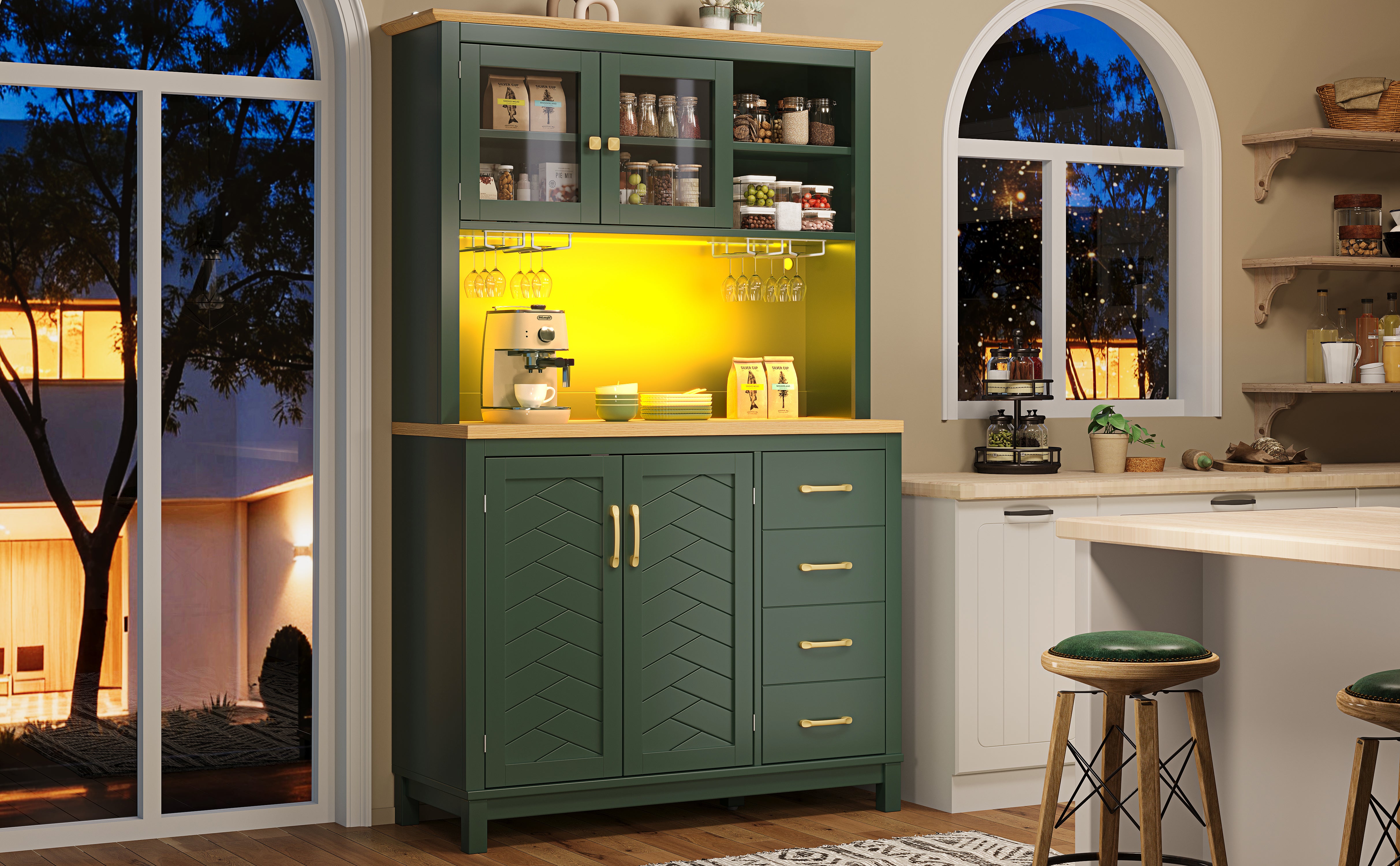 Buffet Cabinet with LED Light Strip and Drink Holders, Green, Black and White