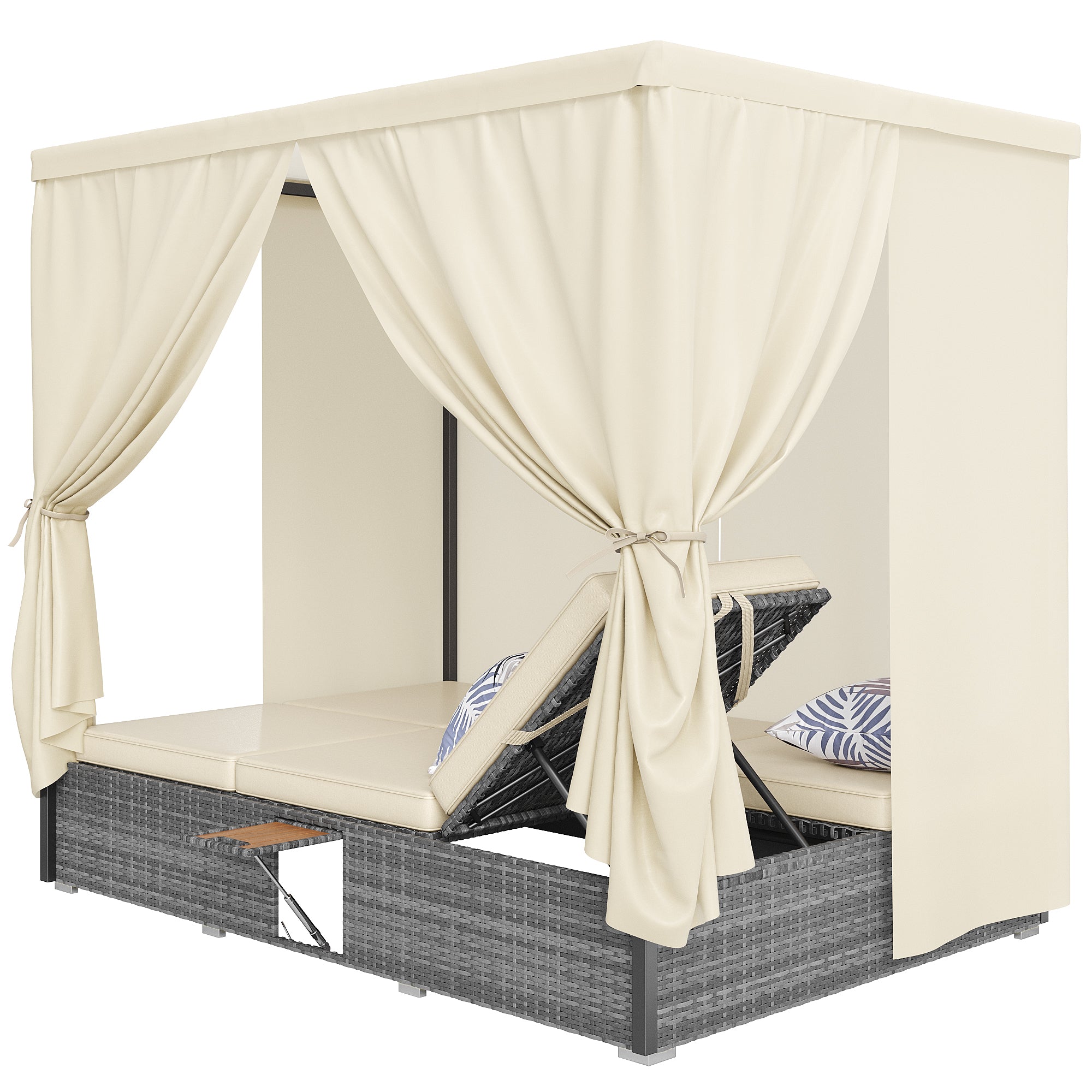 Rattan Garden Lounger Double Bed with Shade Curtain, Foldable & Table - Cream-White