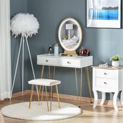 Dressing Table Set with LED Light, Round Mirror, 2 Drawers, Cushioned Stool, White