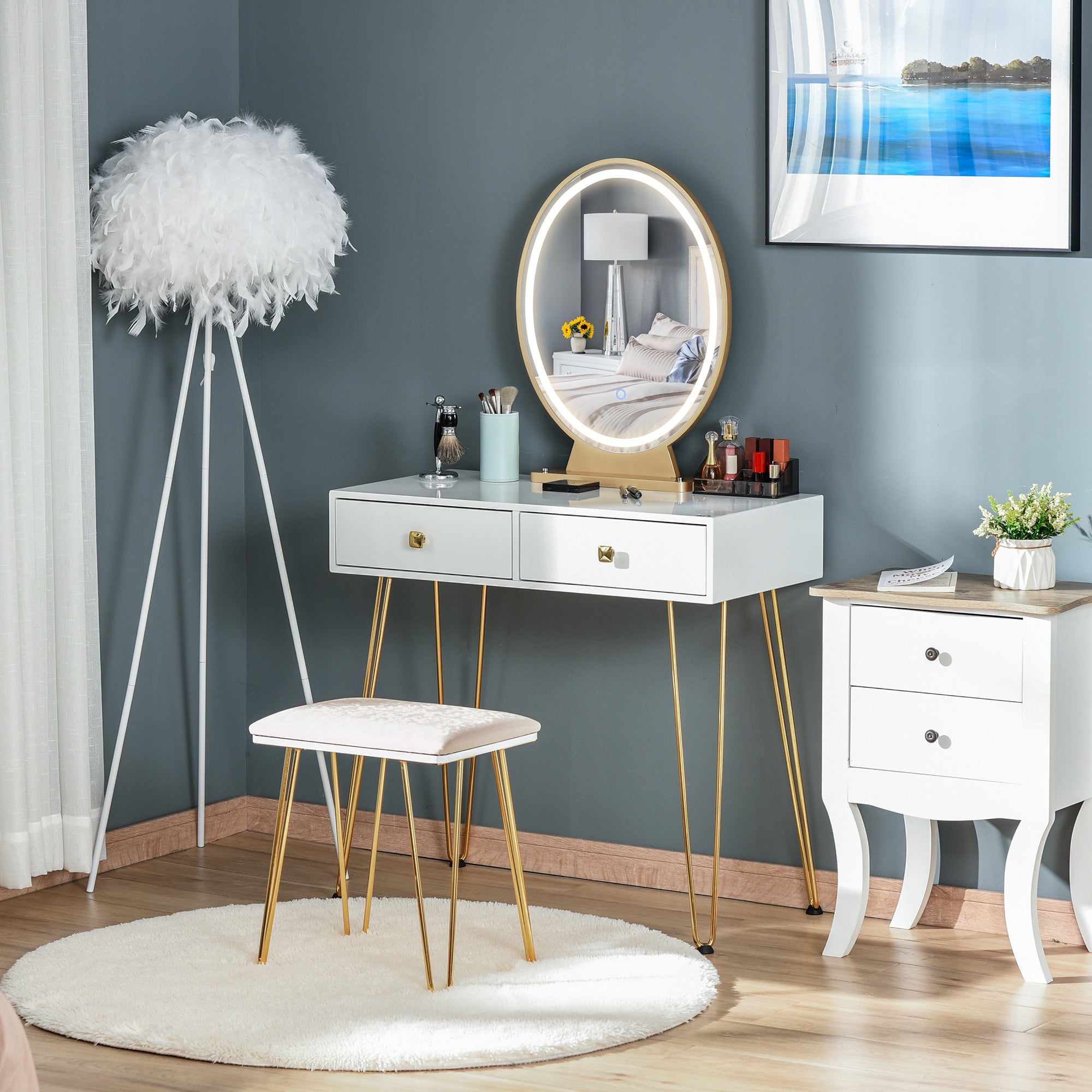 Dressing Table Set with LED Light, Round Mirror, 2 Drawers, Cushioned Stool, White
