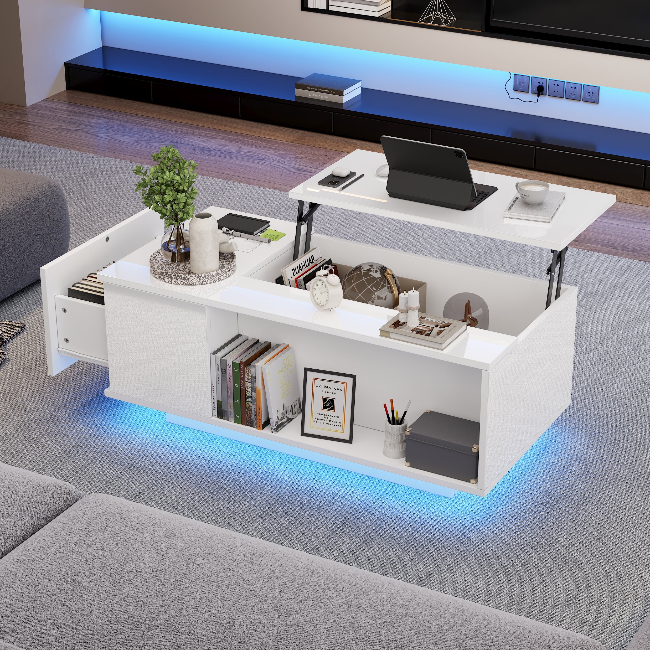 Coffee Table, Height-adjustable with Hidden Storage, LED Light & Drawer, White