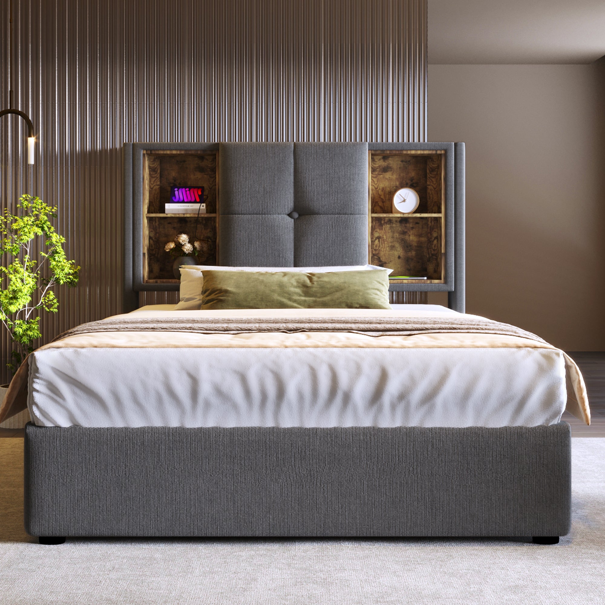 Single Bed, Wireless Charging USB C, 90x200cm with Storage, Wood-Grey Cotton