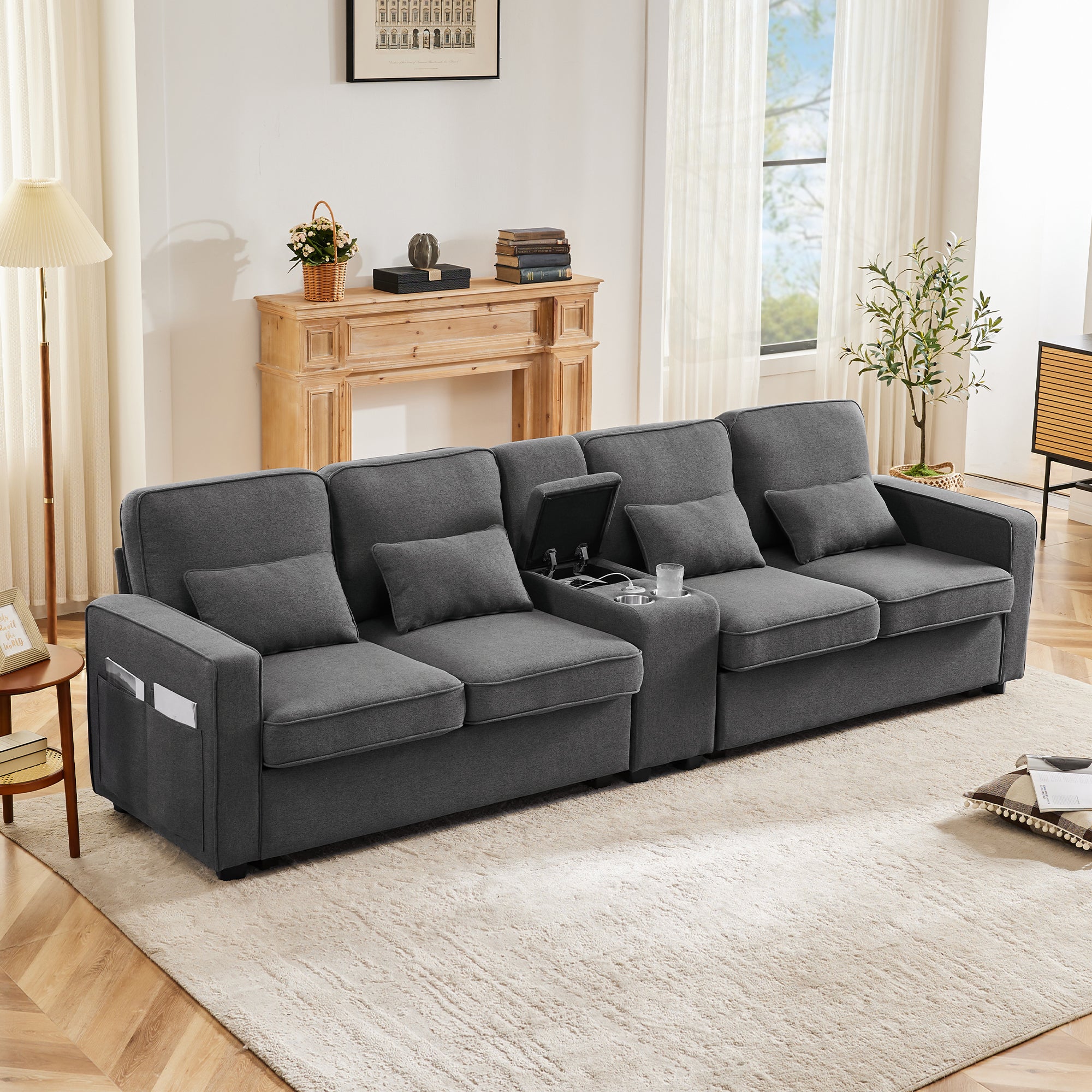 Sofa, Modern 4-Seater with Console, USB, Cupholders, Linen Fabric