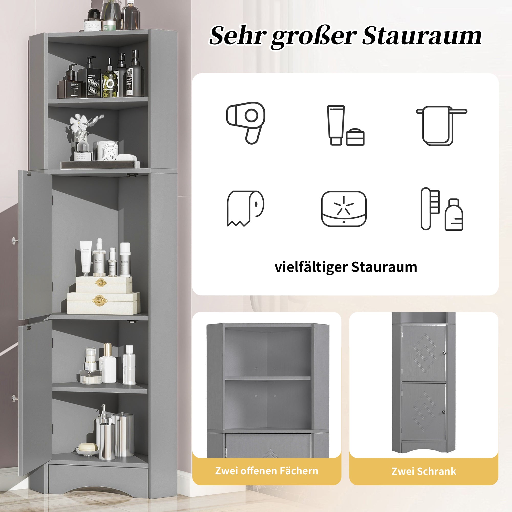 Bathroom Cabinet, Corner with Adjustable Shelf & Storage, Light Grey